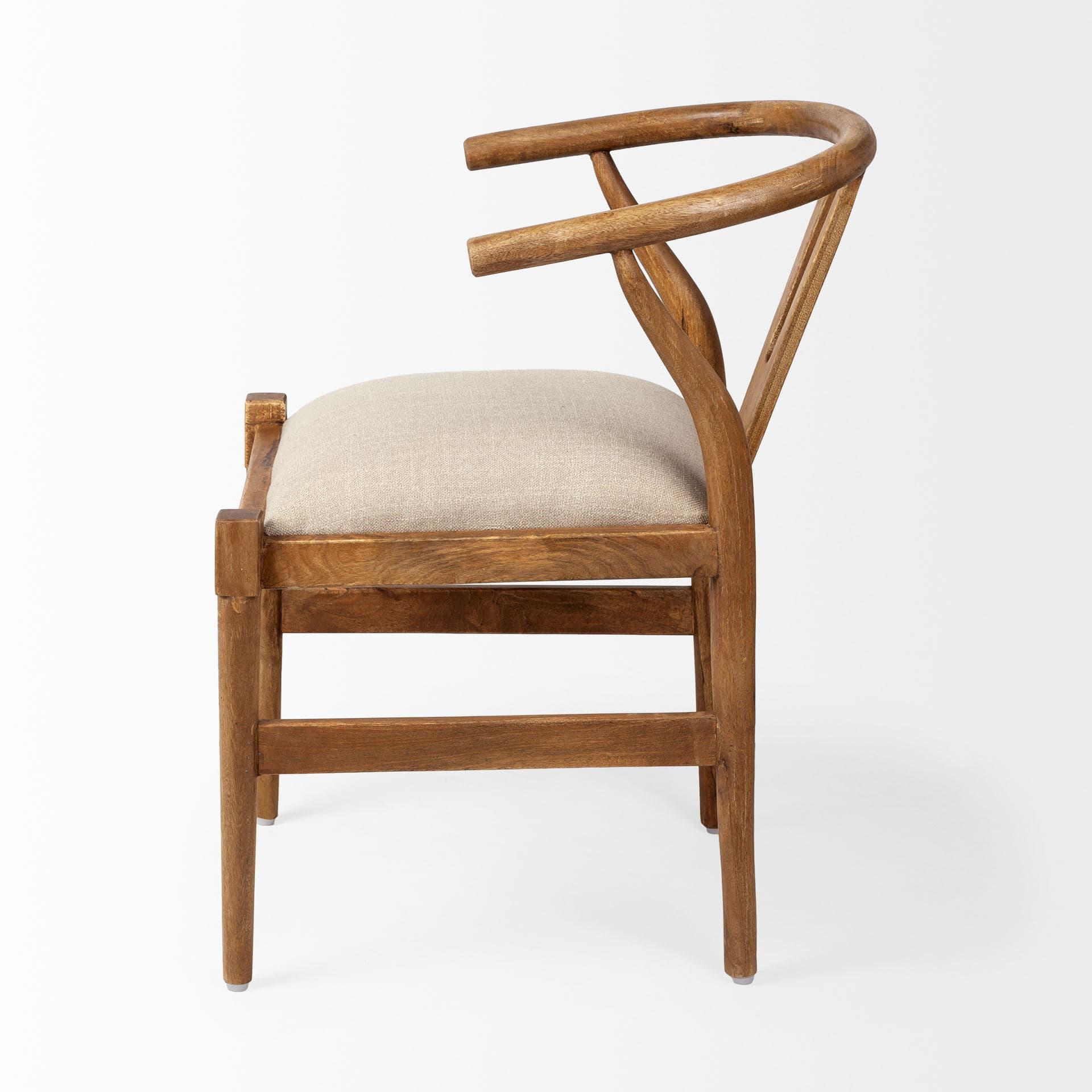 Trixie Curved Back Dining Arm Chair | Cream Fabric w/ Brown Wood — product photograph