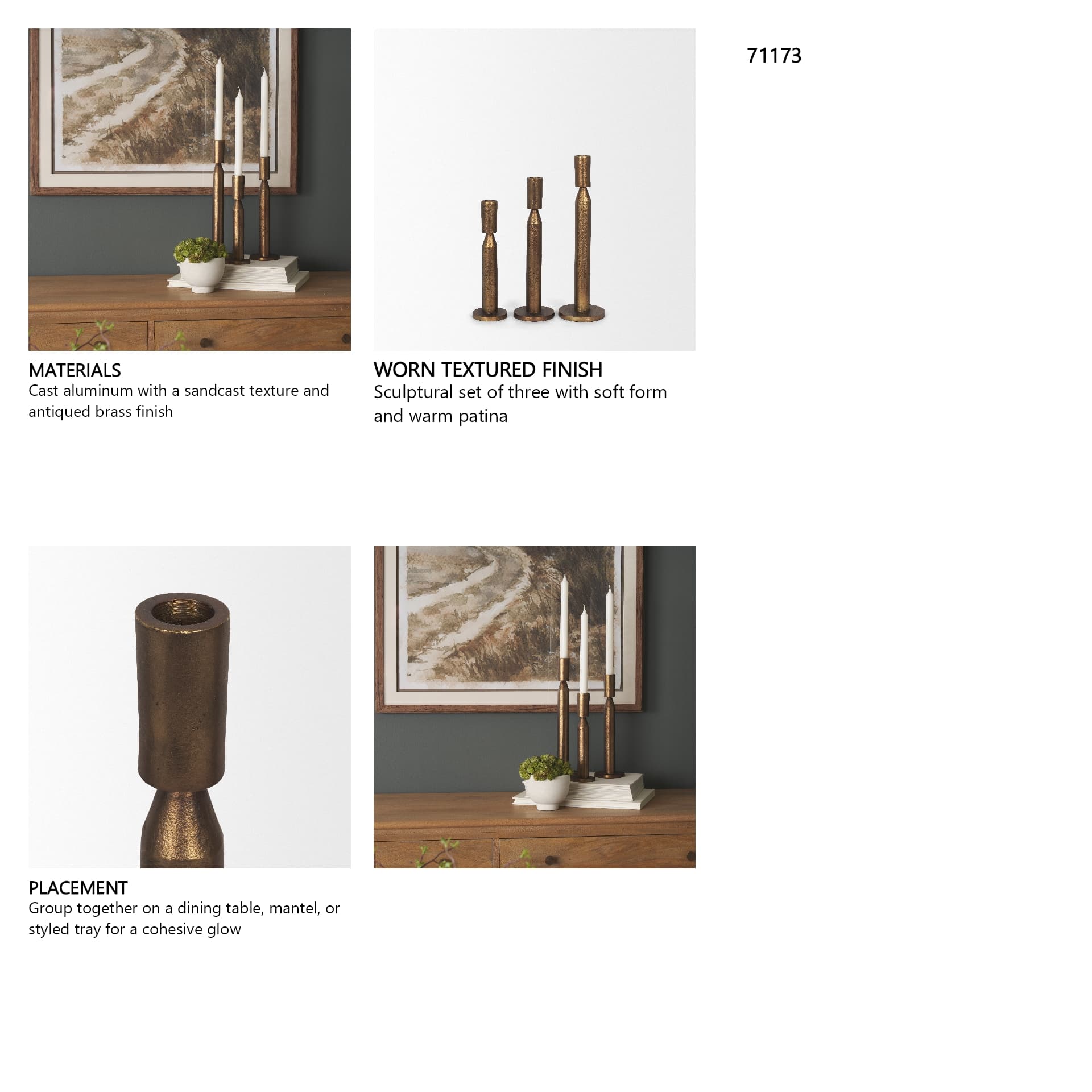 Declan Antiqued Brass Cast Metal Taper Candle Holder — in a styled room