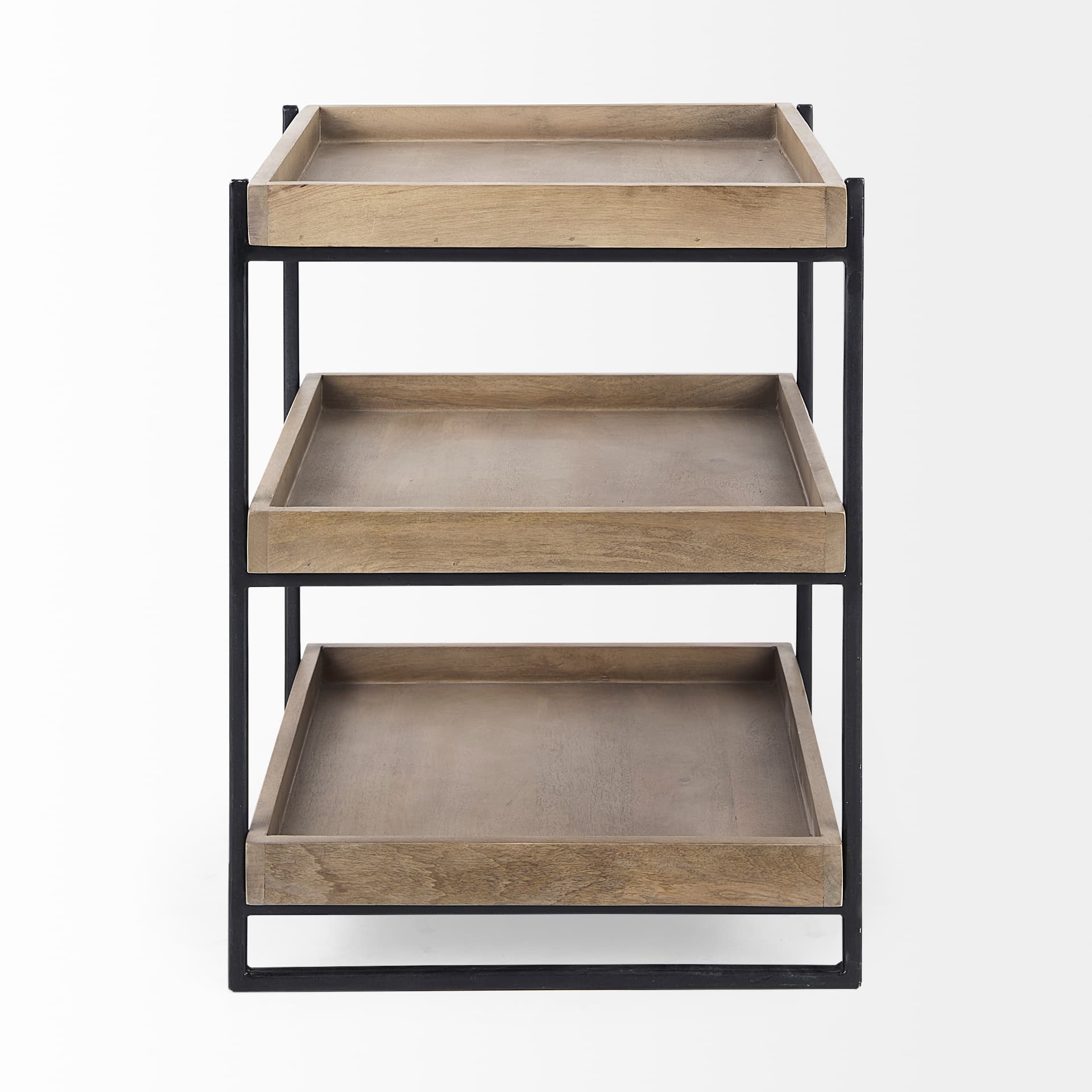 Trey III 20" x 26" Square Medium Brown Wooden Three-Tiered Black Iron Frame End/Side Table — product photograph