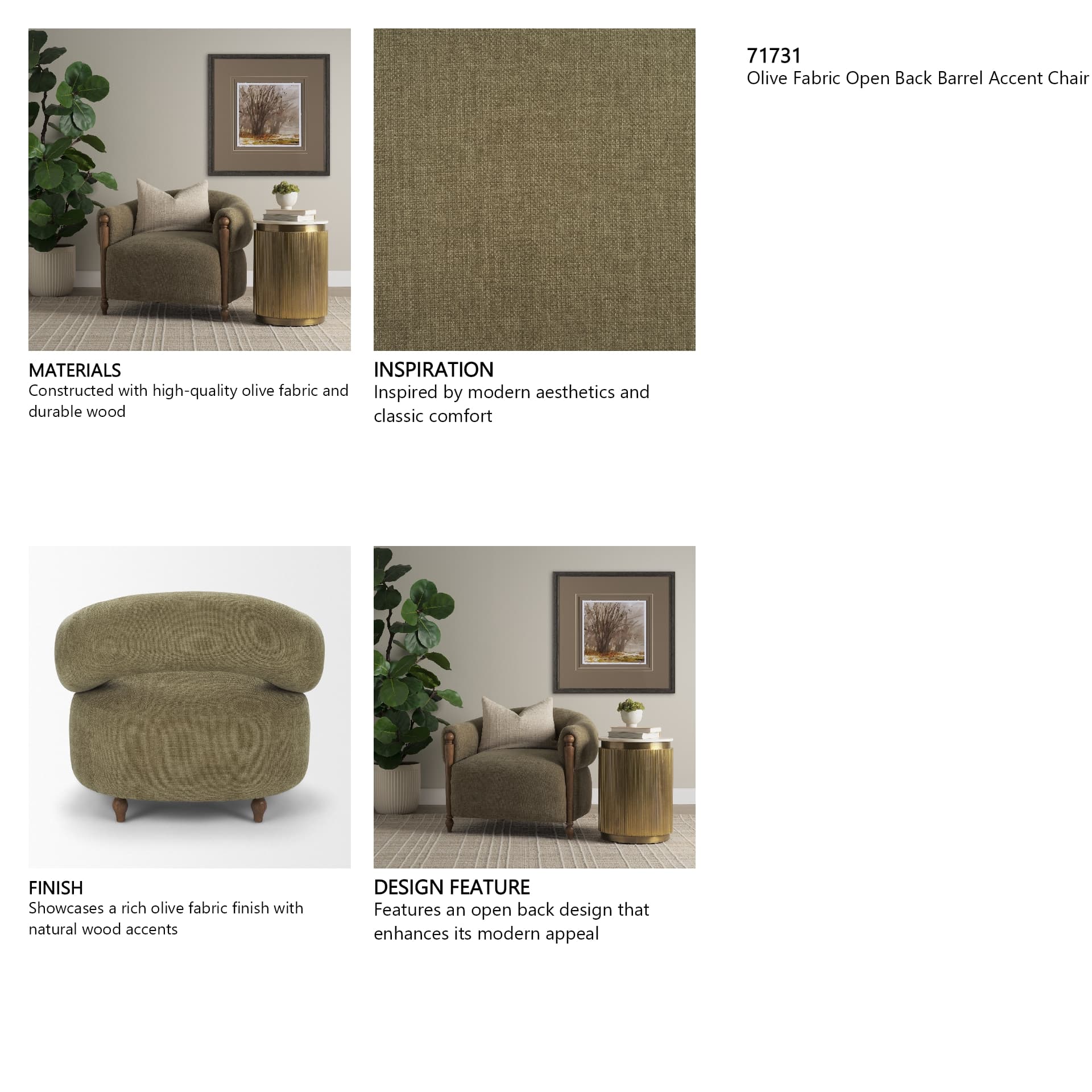 Margaux Olive Fabric Open Back Barrel Accent Chair — product photograph