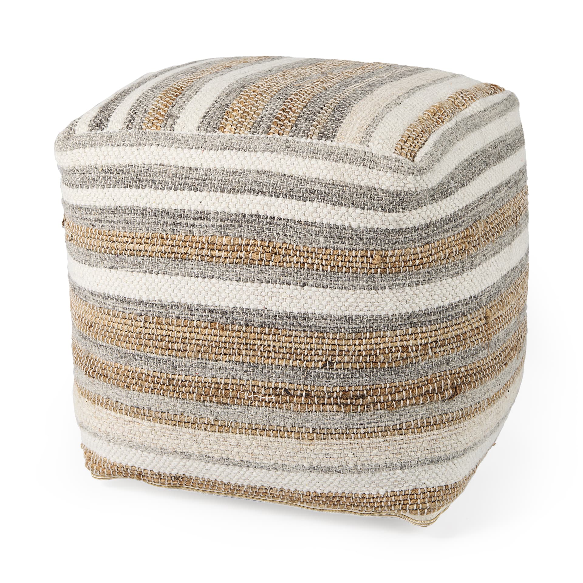 Aahana 16.0L x 16.0W x 16.0H White/Taupe/Gray Striped Hemp and Cotton Pouf — product photograph