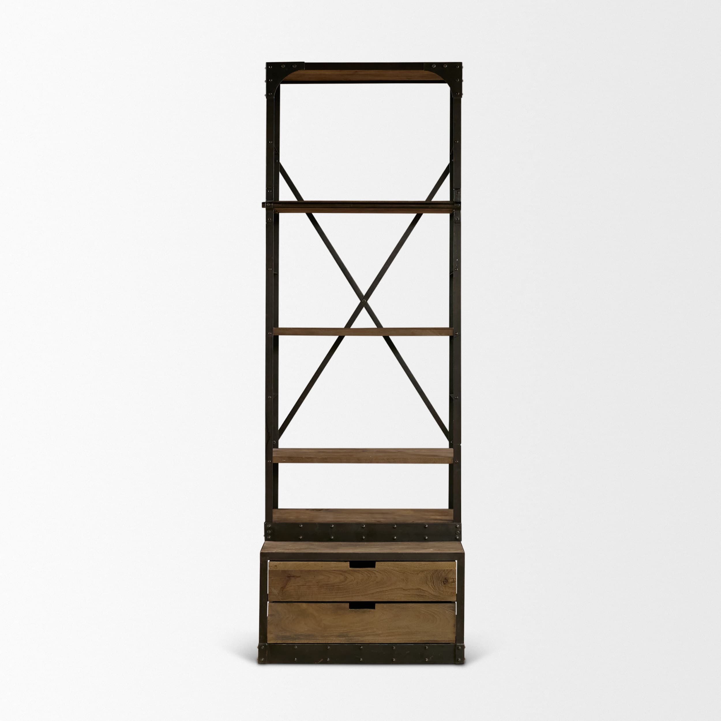 Brodie VII 32L x 22W x 94H Brown Wood Gun-Metal Bracing Four Shelf Shelving Unit — product photograph