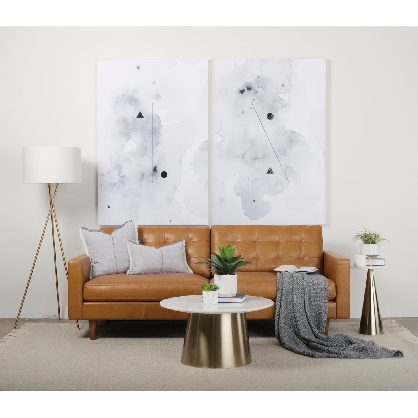 Olaf 88.2L x 37.8W x 35.0H Tan Leather Sofa — in a styled room