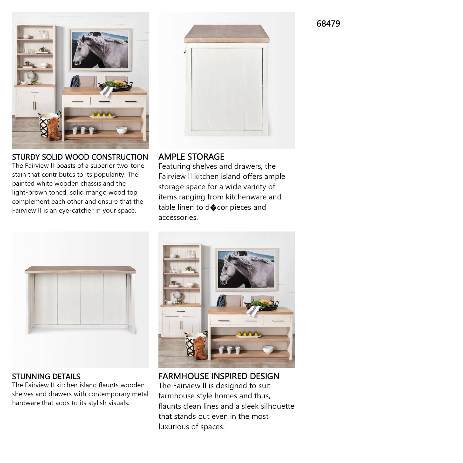 Fairview II White and Brown Two-Tone Stain Solid Wood Kitchen Island — in a styled room