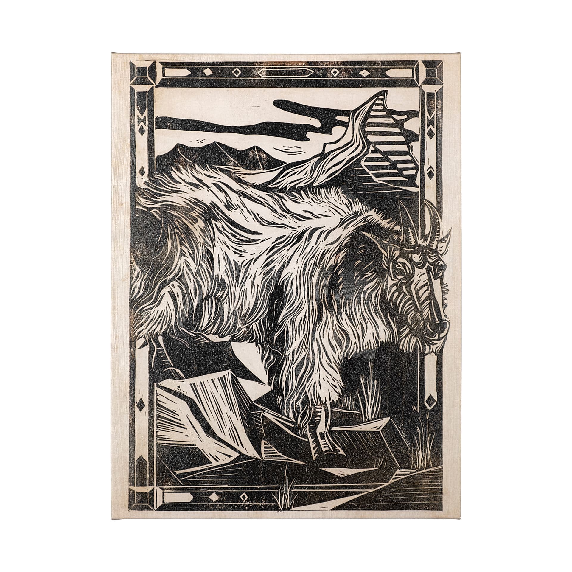 Linocut I (Ram) by Mercana Studio a Hand Embellished Textured Canvas — product photograph