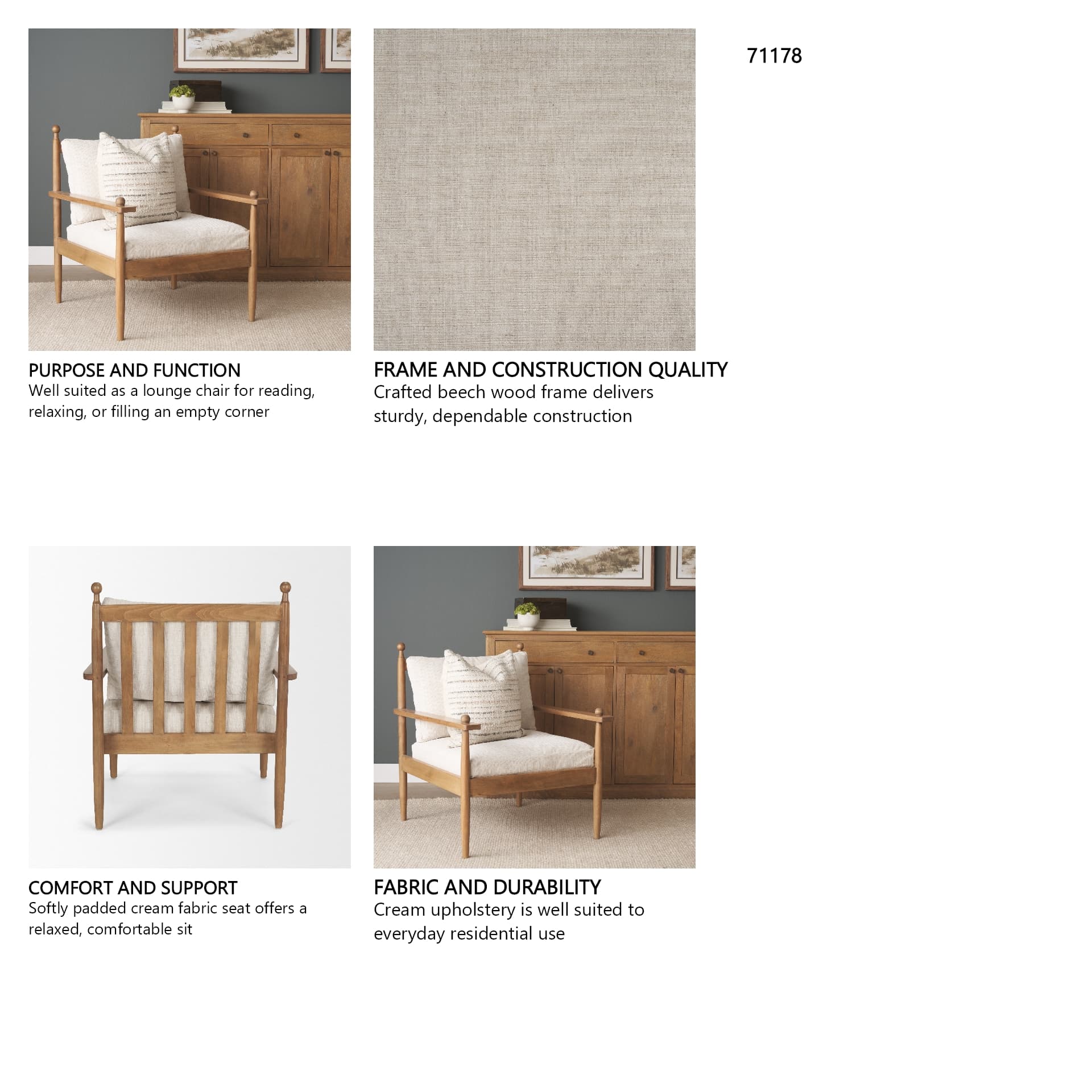 Danni Beige Fabric Beech Wood Framed Accent Lounge Chair — in a styled room