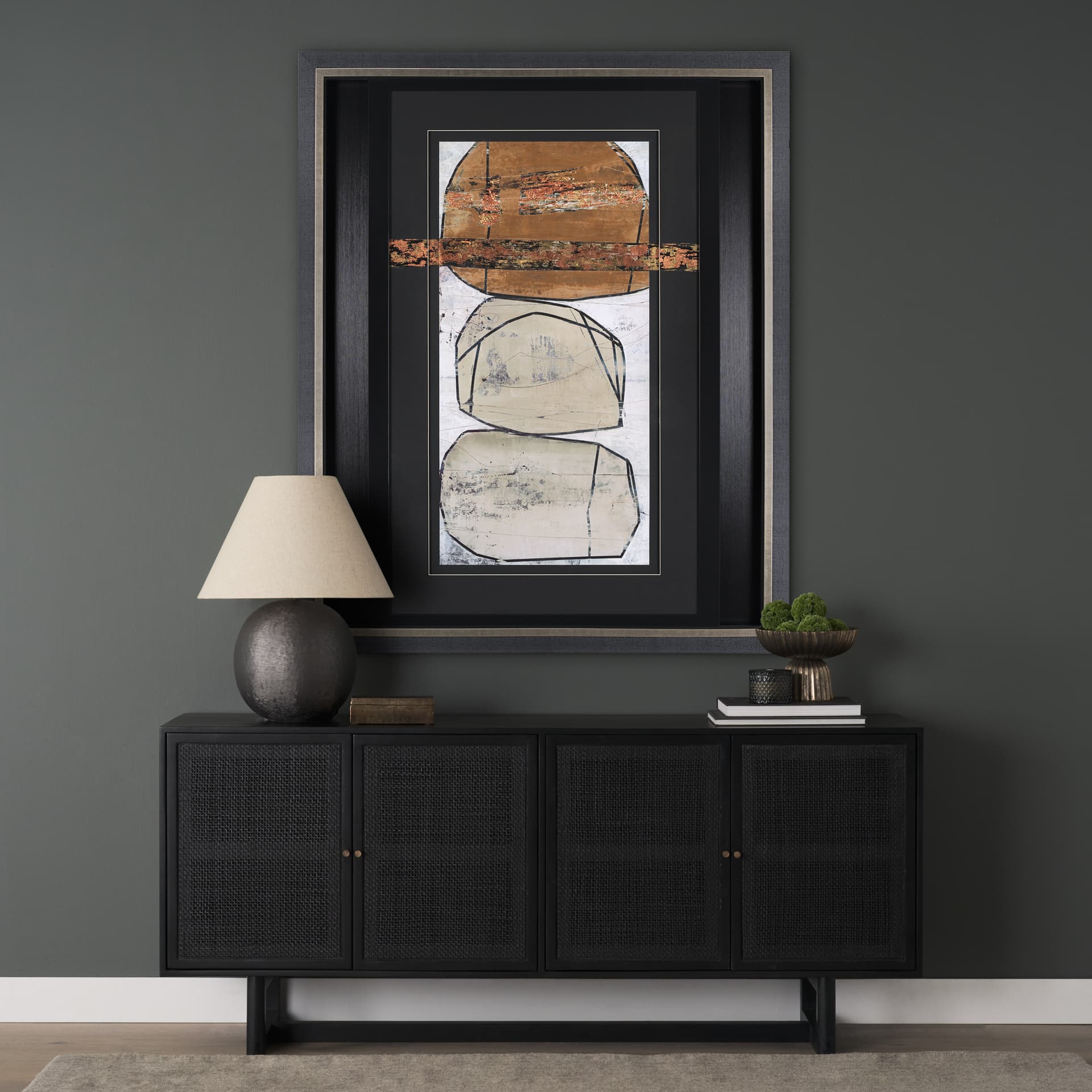 Dim Sum I by Nancy Ngo a Hand Embellished Textured Framed Art Print Matted under Glass — in a styled room