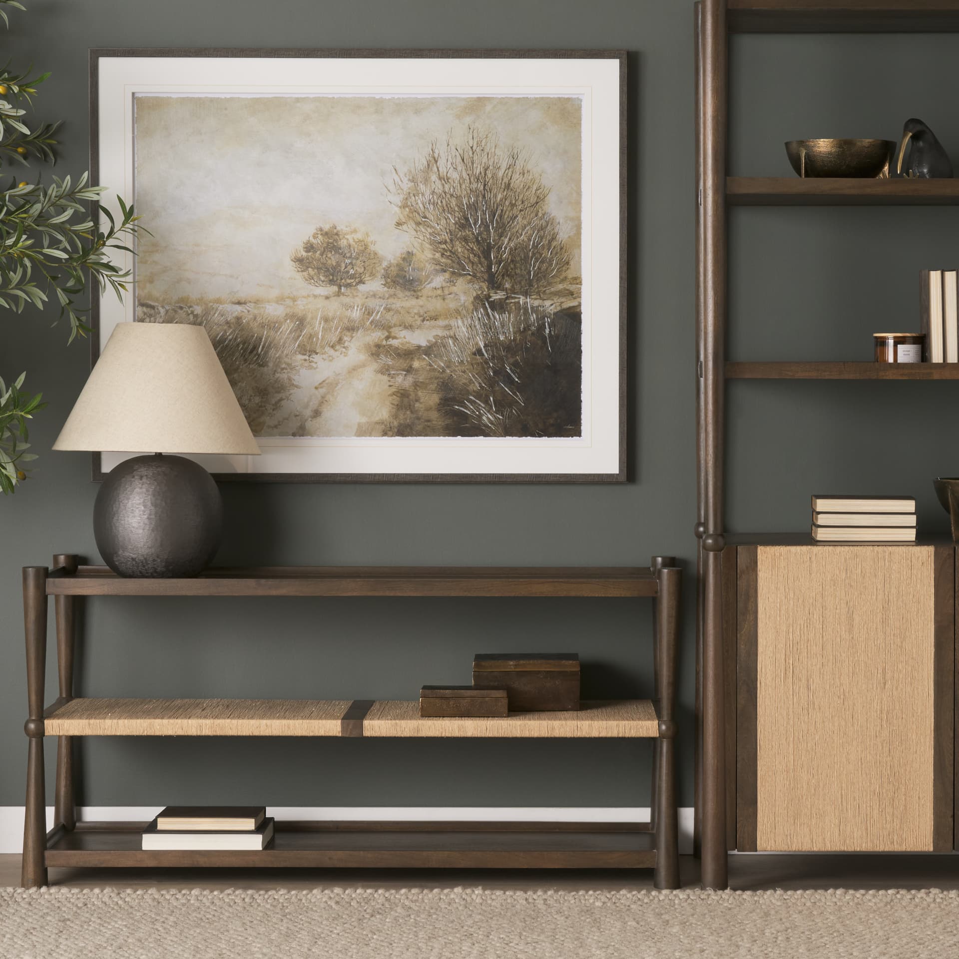 Bondi Dark Brown Wood w/ Paper Rope Shelf Console Table — product photograph