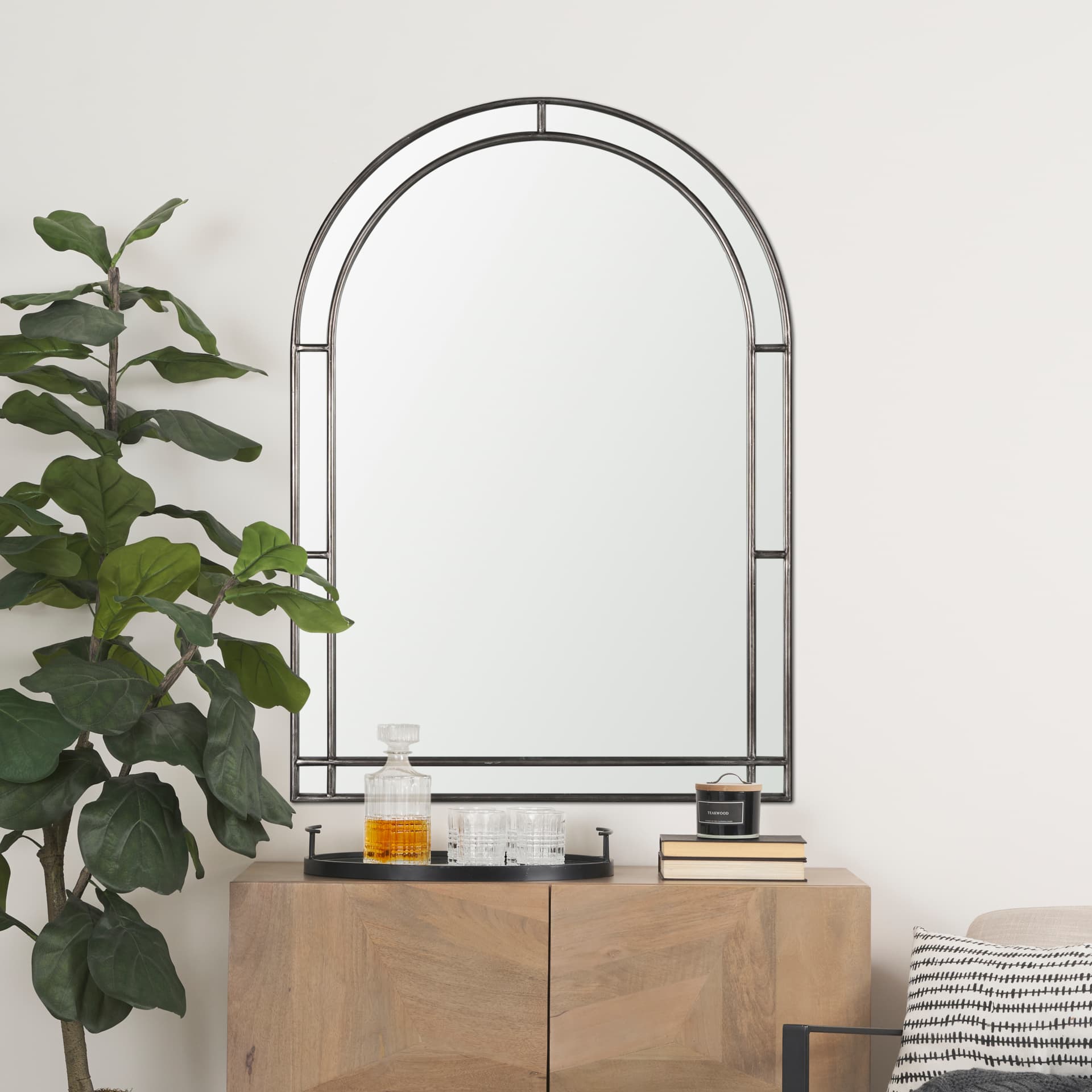 Tiffany Brushed Black Metal Double Frame Arched Mirror — in a styled room
