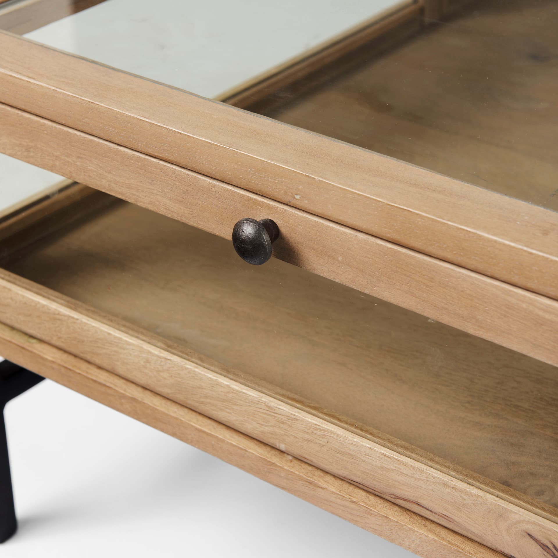 Arelius 42" Square Glass-Top Light Brown w/ Black Metal Base Display Coffee Table — product photograph