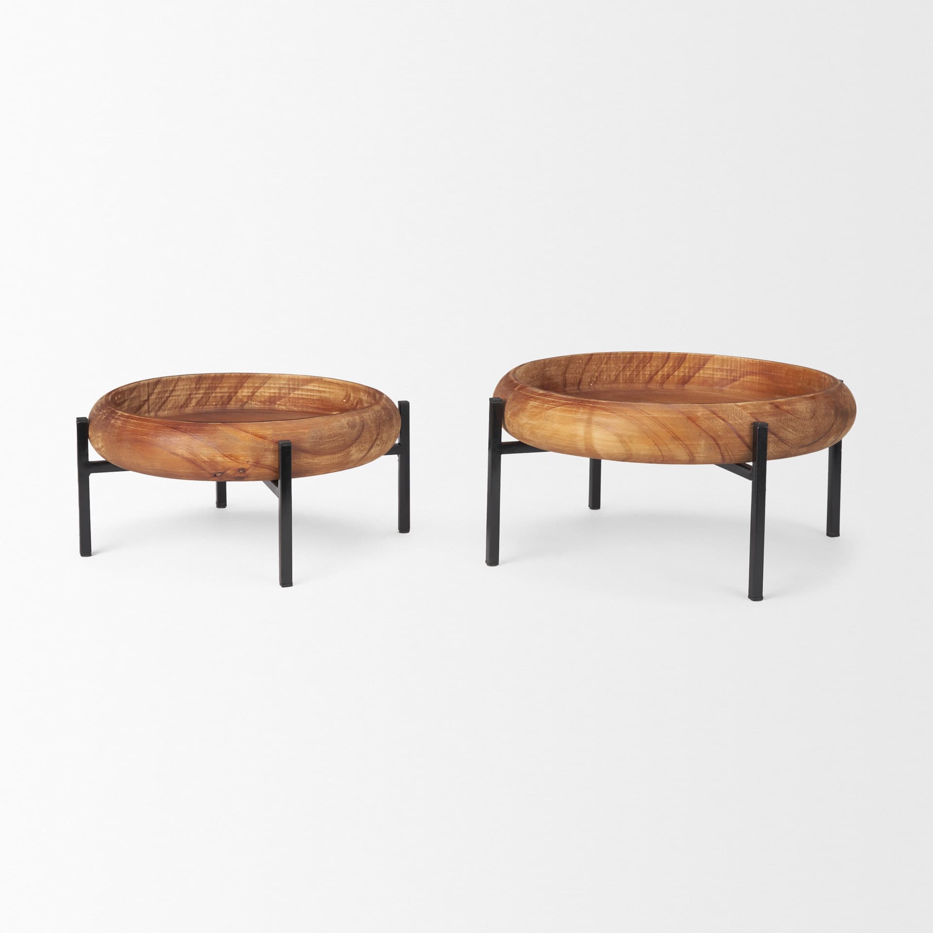 Wally Round Medium Brown Wood w/ Matte Black Metal Stand Trays — product photograph