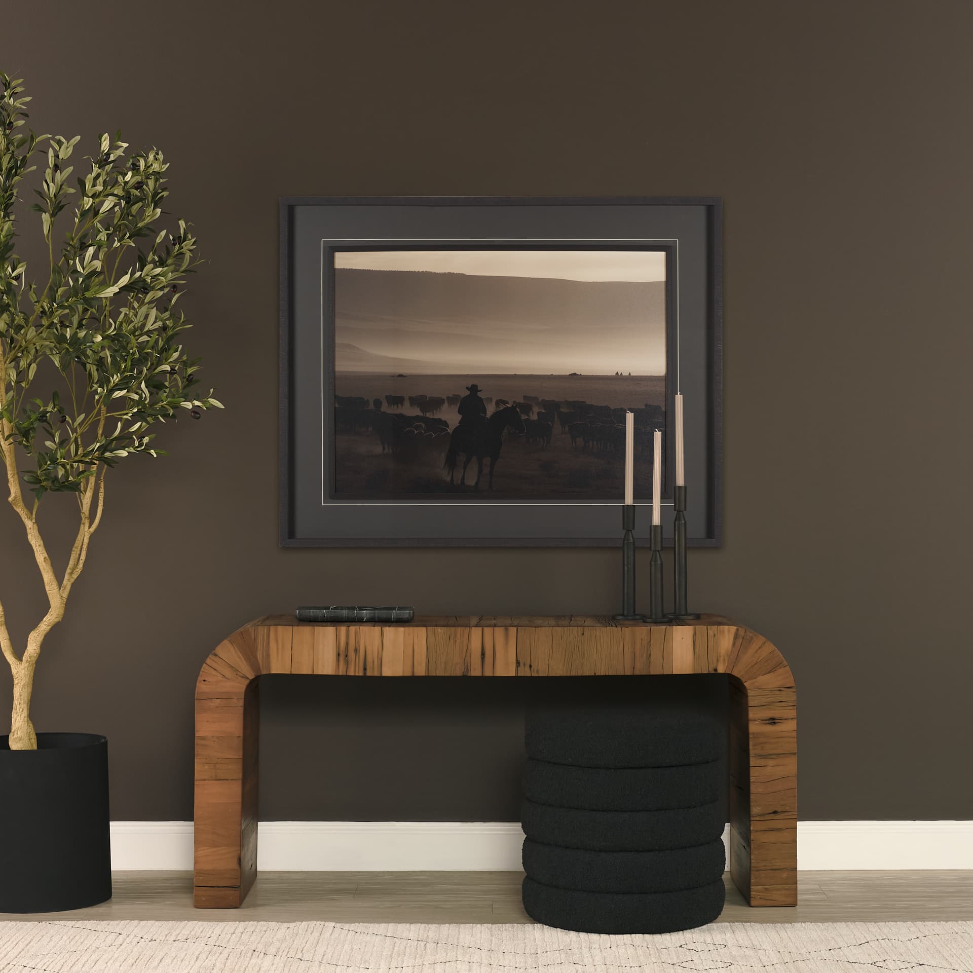 Golden Hour Cowboy Herd by Andreas Magnusson Textured FramedPhoto Print Matted under Glass — in a styled room