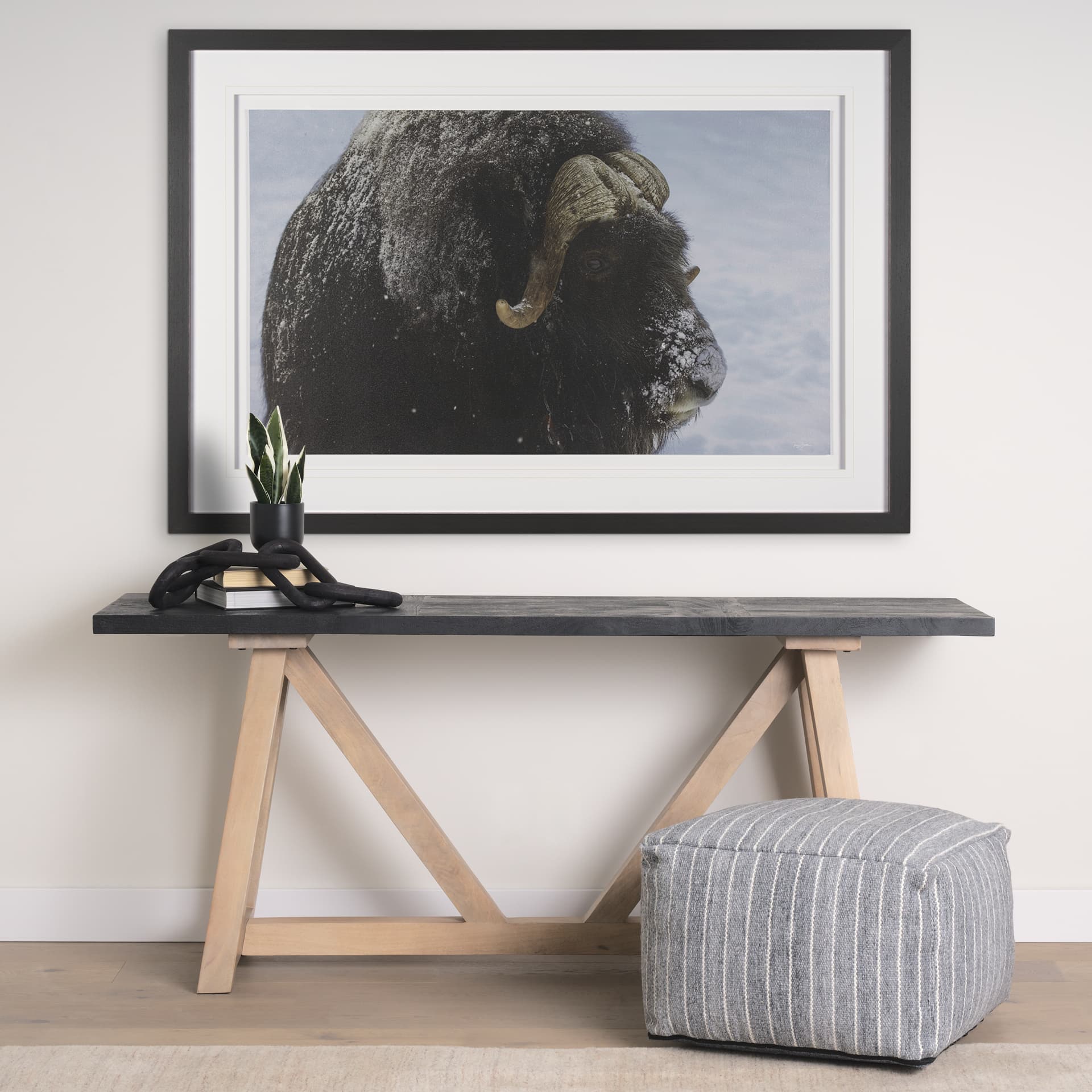 Muskox by Gary Blatter a Hand Embellished Textured Framed Photo Art Print Matted under Glass — in a styled room
