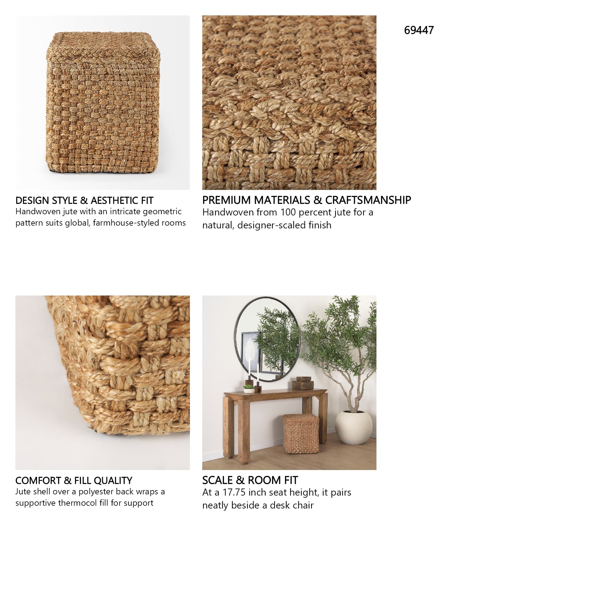 Aylin 16.5" Square Brown Jute Pouf — in a styled room