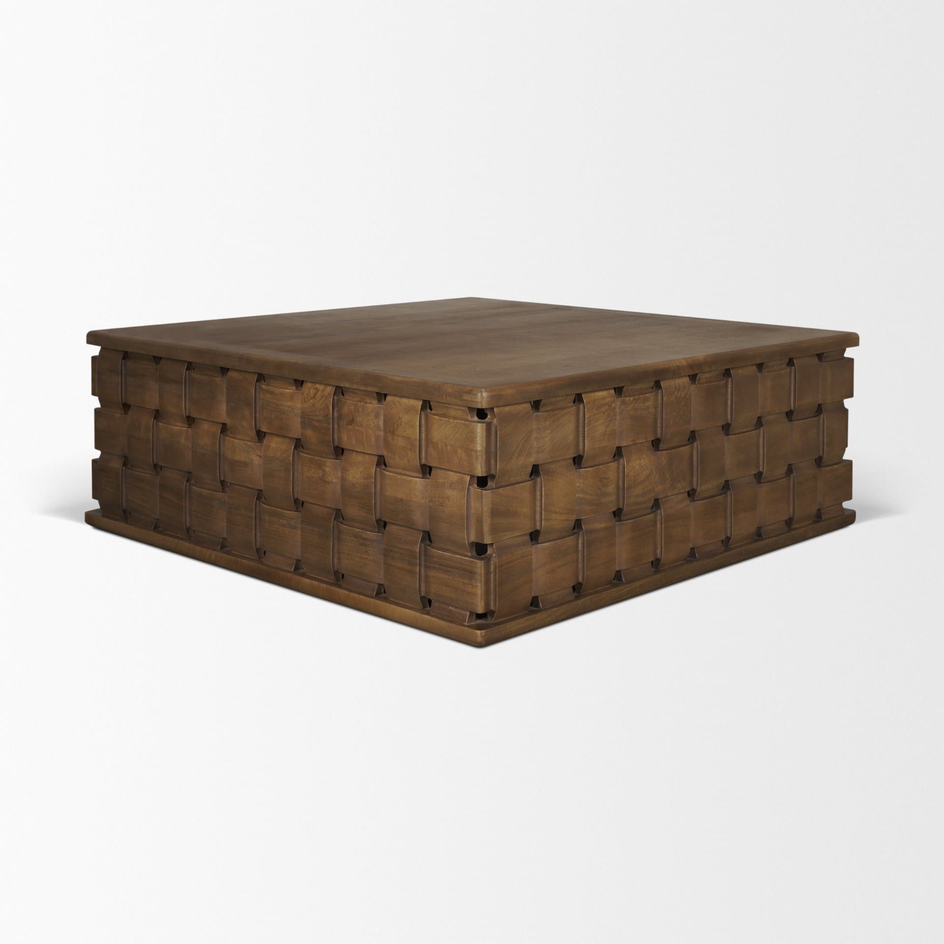 Trellyn 48" Dark Brown Wood w/ Carved Woven Base Square Coffee Table — product photograph