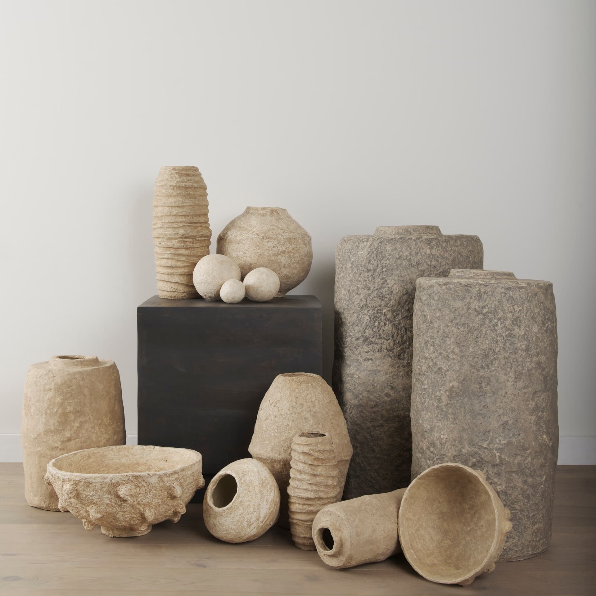 Rundal Small Beige Paper Mache Vase — in a styled room