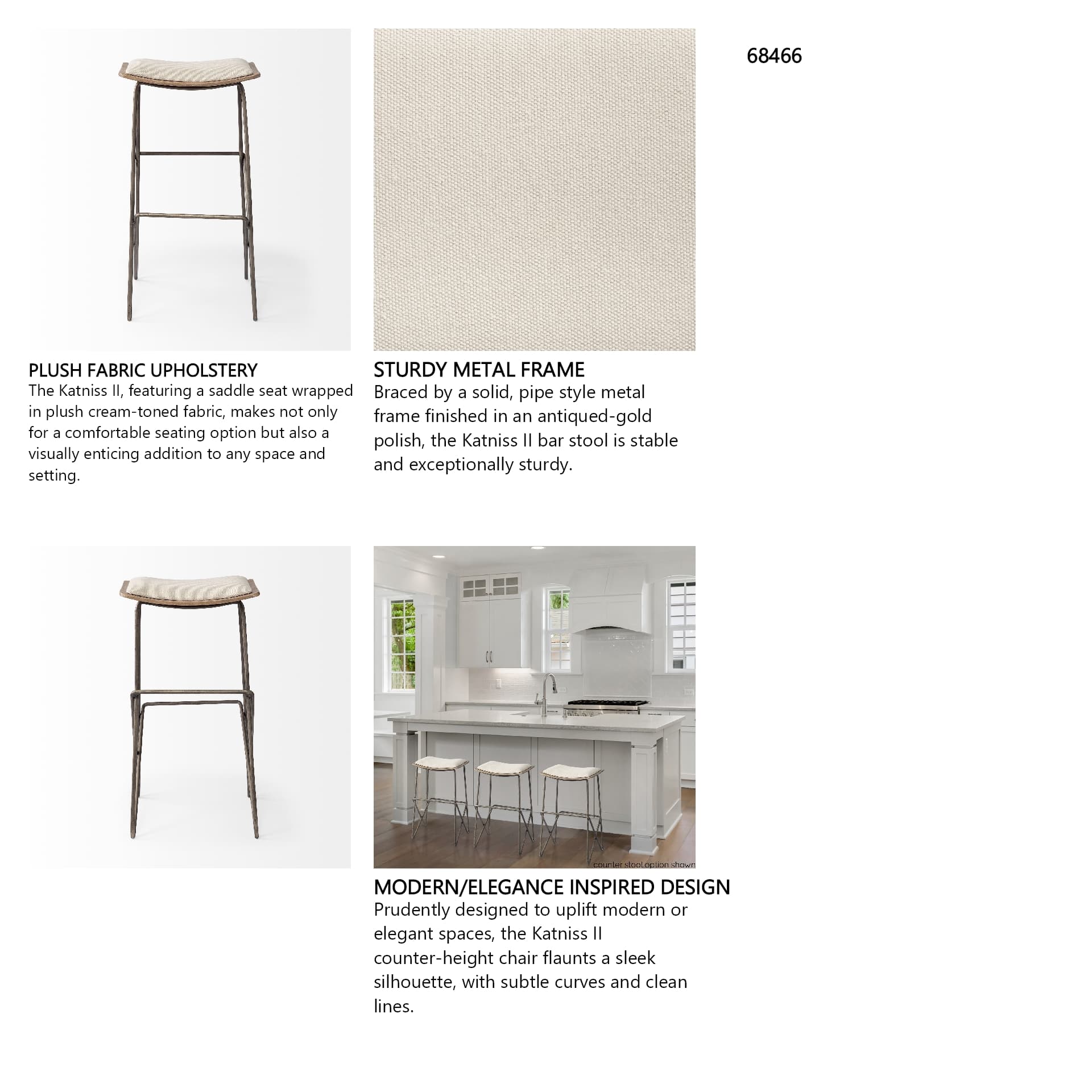 Katniss Backless 30in Seat Bar Stool | Cream Fabric w/ Gold Metal — product photograph
