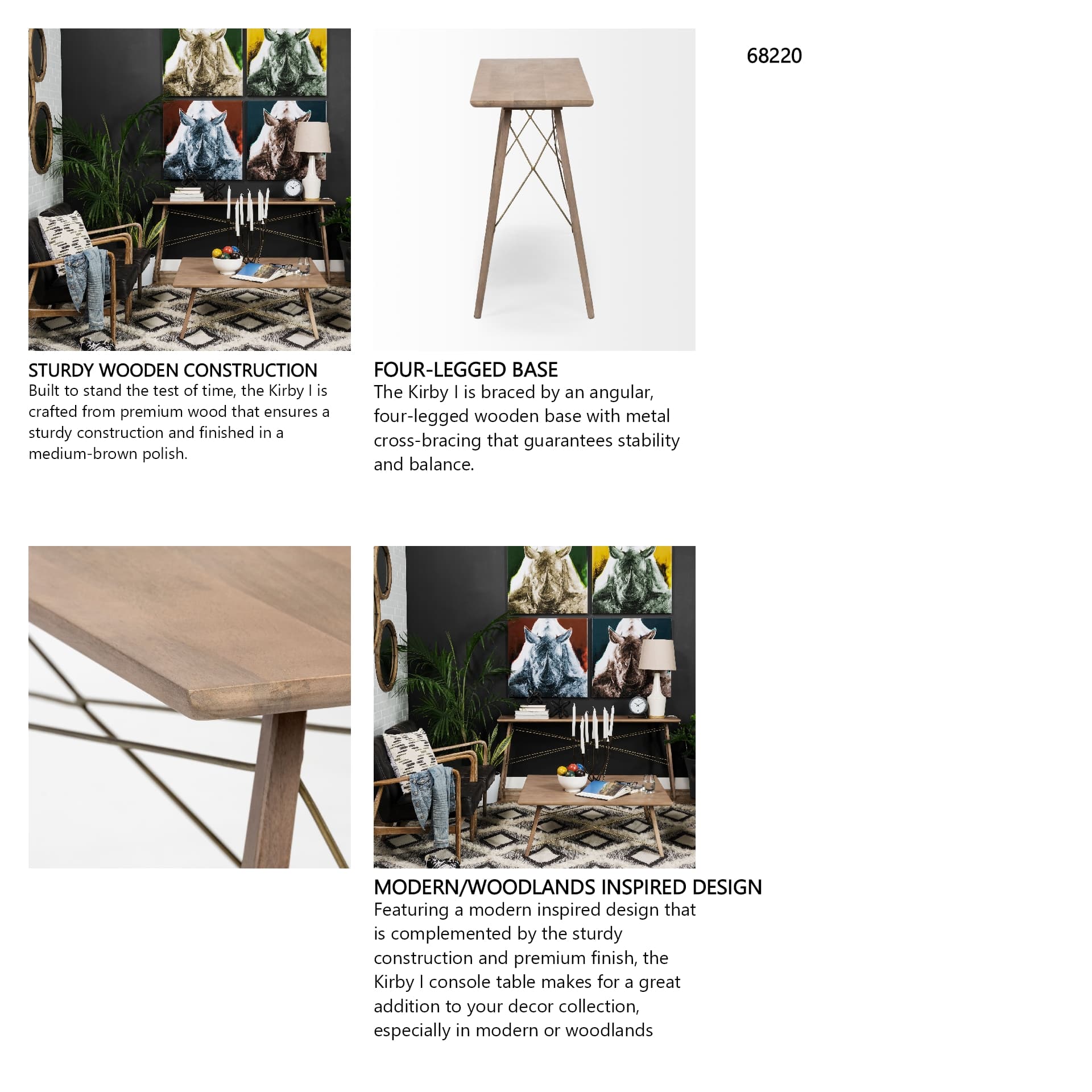 Kirby I 66L x 16W Brown Wooden Cross Braced Console Table — in a styled room
