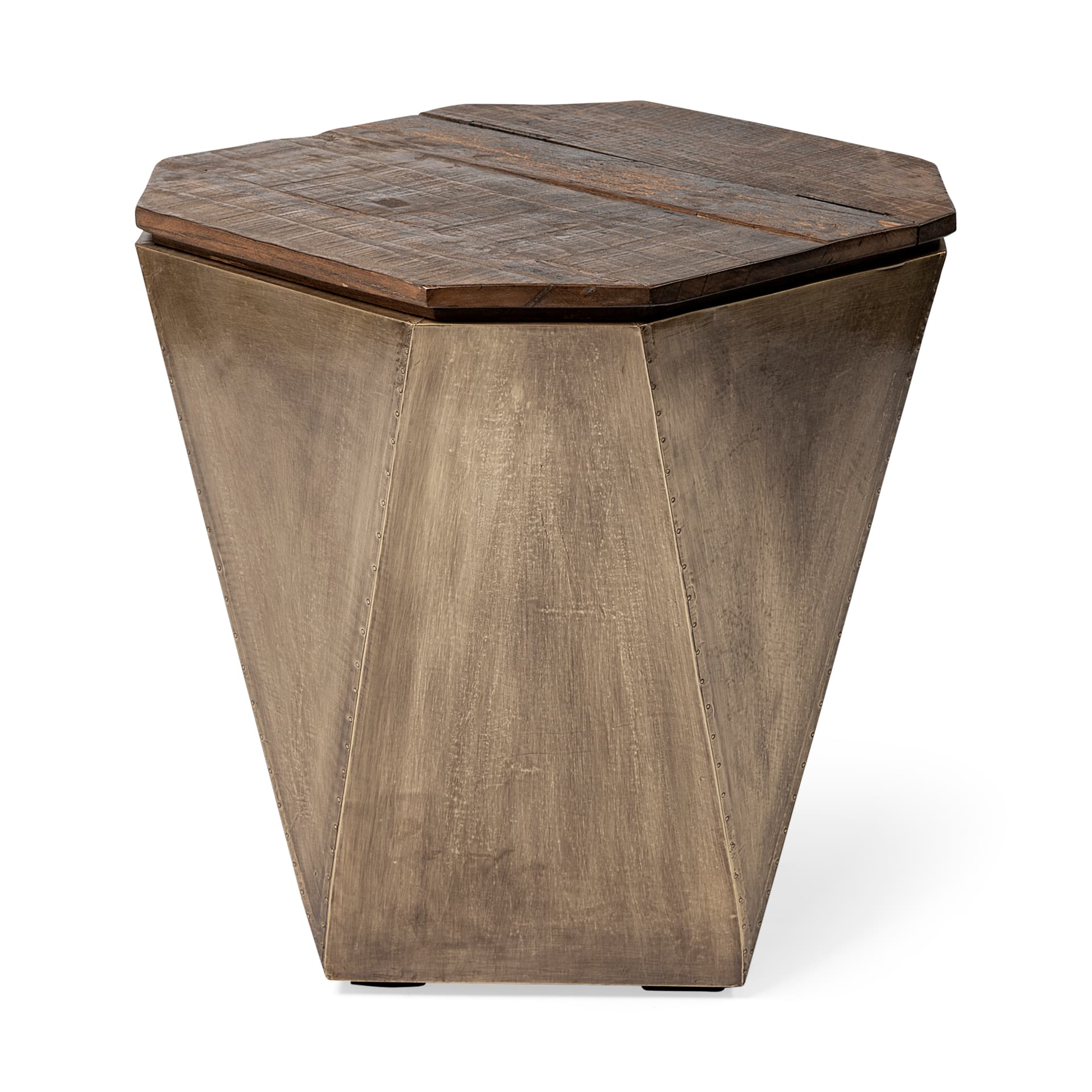 Esagono Octagonal Gold Metal-Clad Reclaimed Wood End/Side Table w/ Storage — product photograph