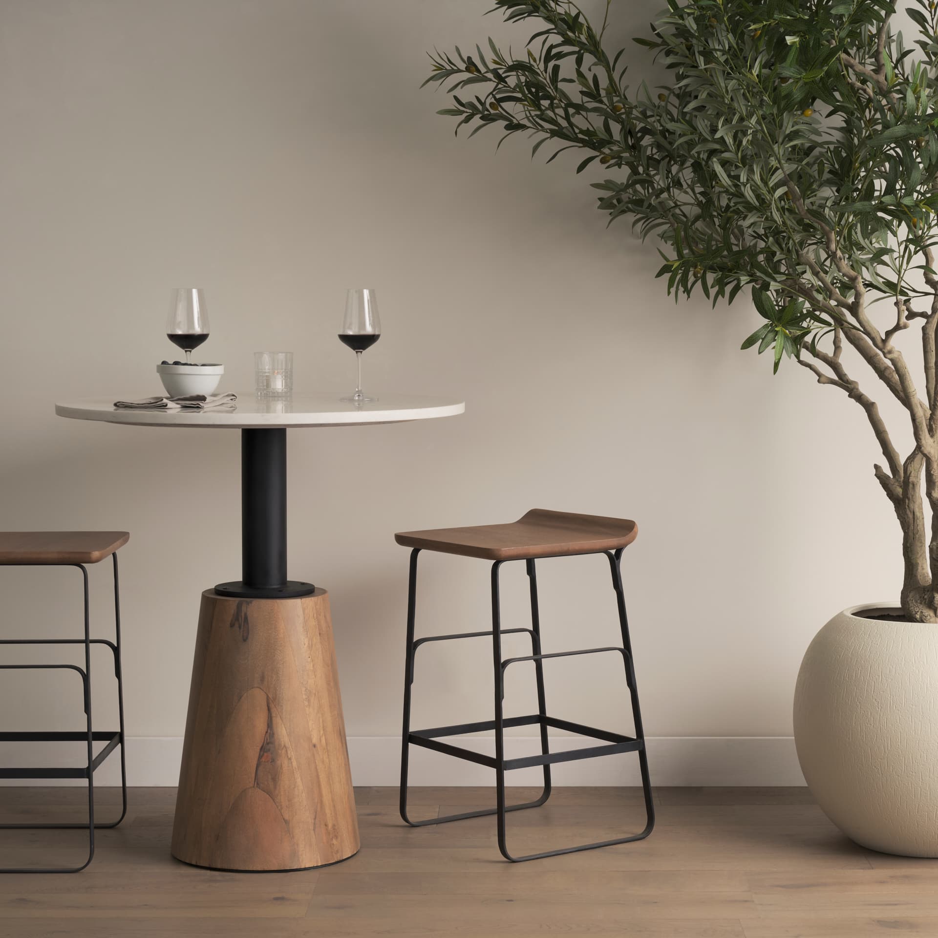 Conan Low Back 25in Seat Counter Stool | Brown Wood w/ Black Metal — product photograph