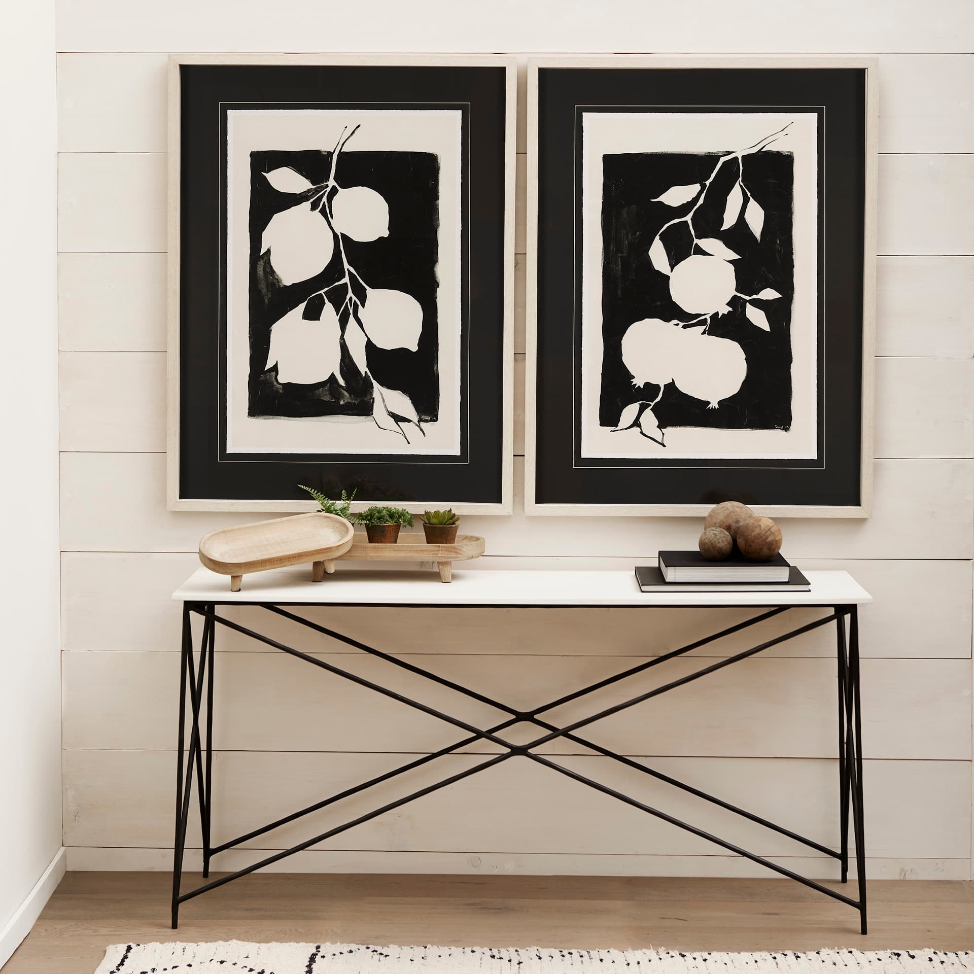 Lorlei Marble Top w/ Gray Iron Base Console Table — in a styled room