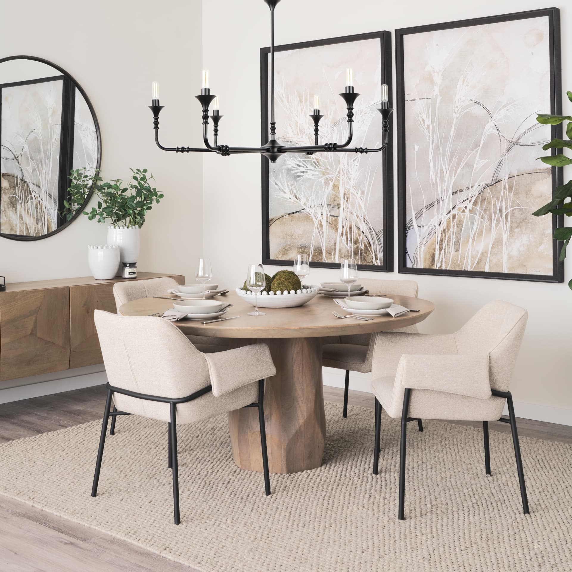 Brently Curved Back Dining Arm Chair | Oatmeal Fabric w/ Metal — product photograph