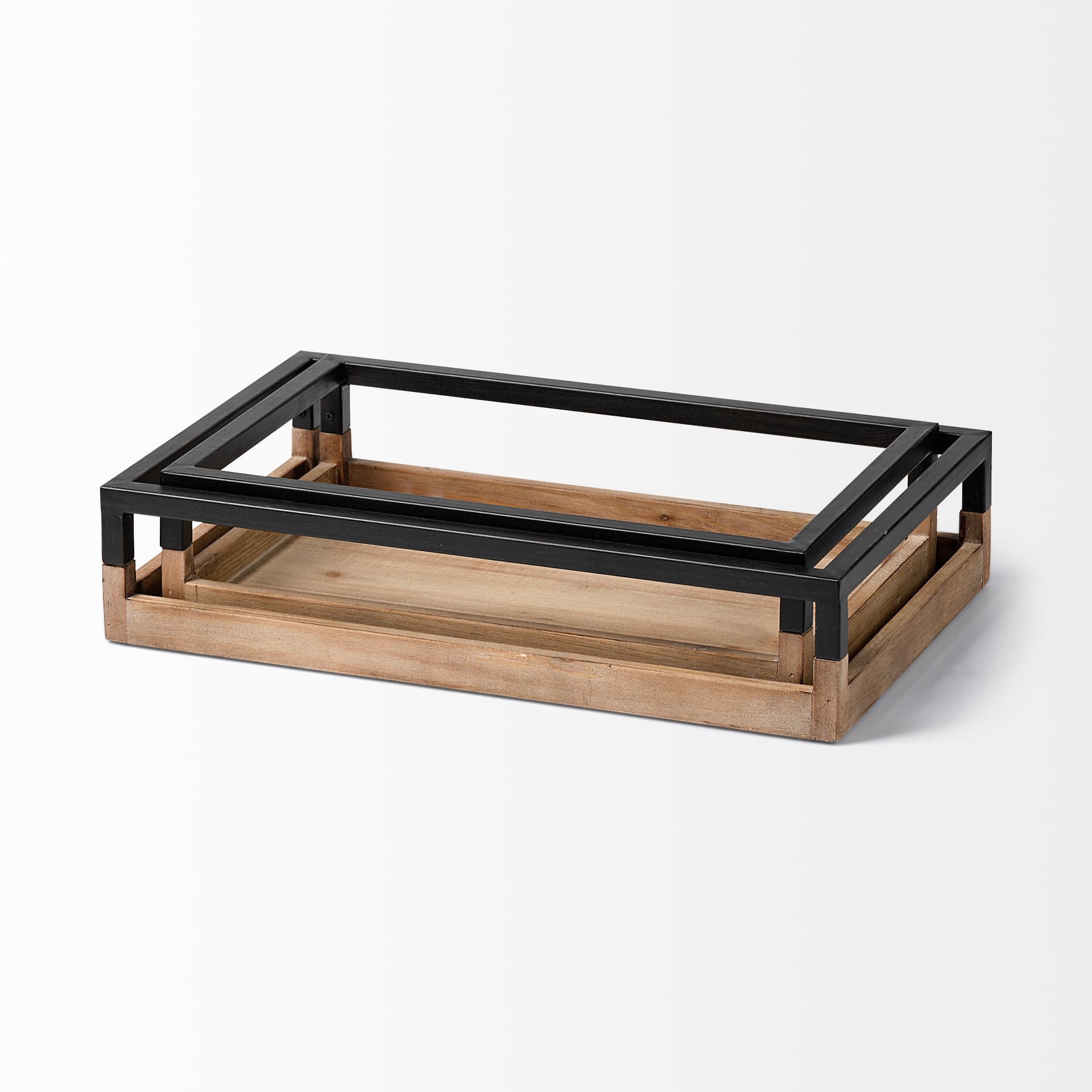 Ross Set of 2 Natural Wood W/ Black Metal Nesting Trays — product photograph
