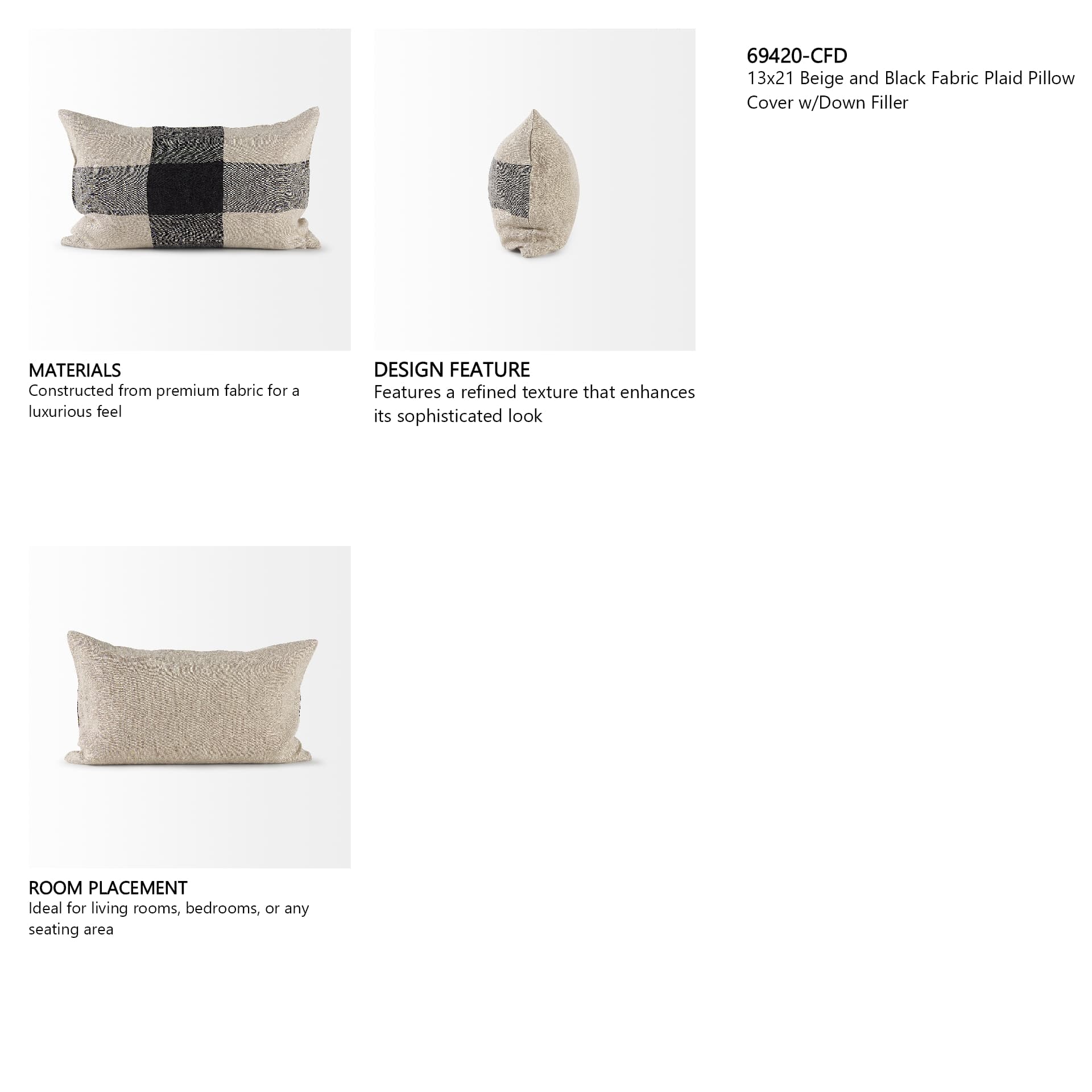 Raquel 13x21 Beige and Black Fabric Plaid Pillow Cover w/Down Filler — in a styled room