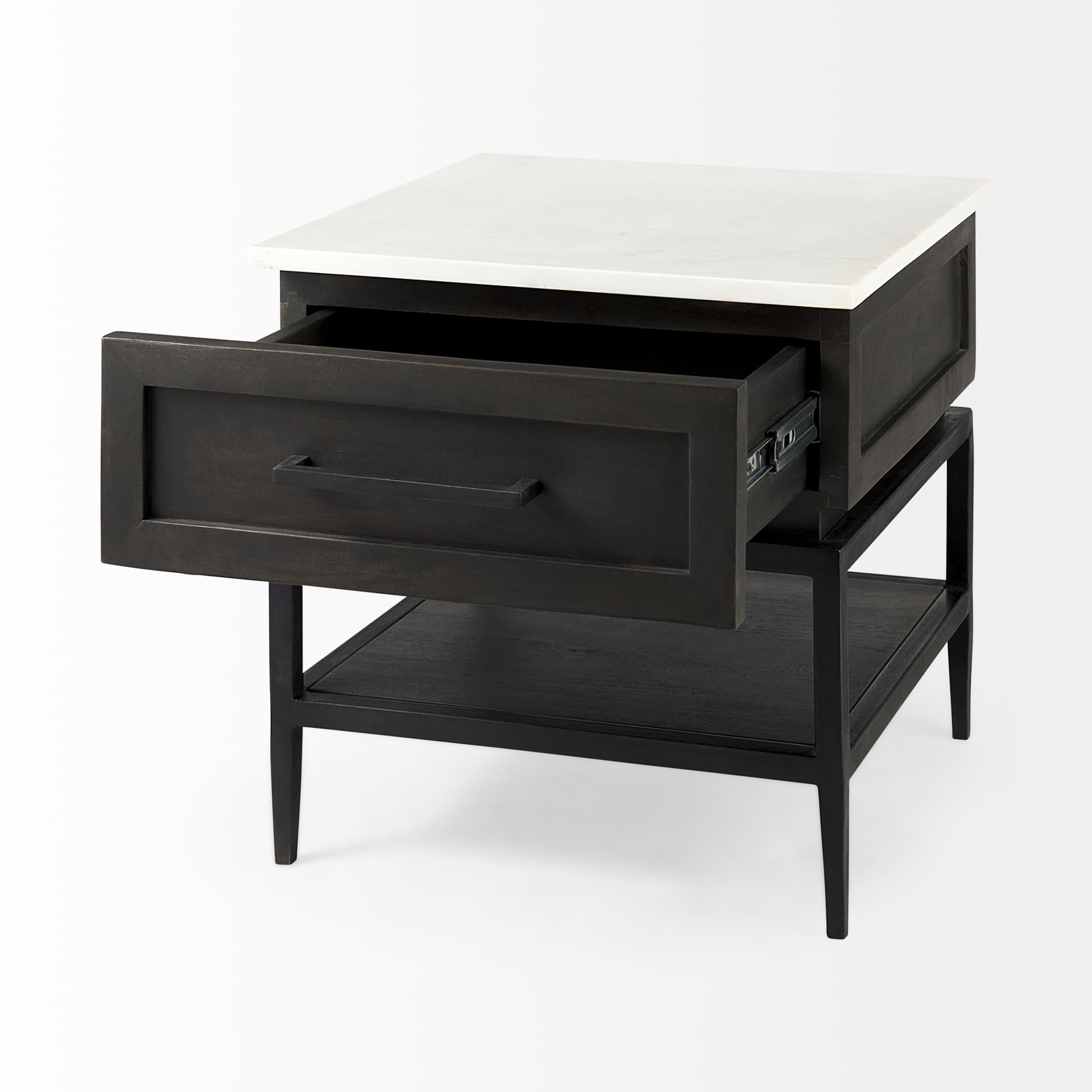 Divina Black-Brown Wood w/ White Marble Top and Black Metal Base 1 Drawer Side Table — product photograph