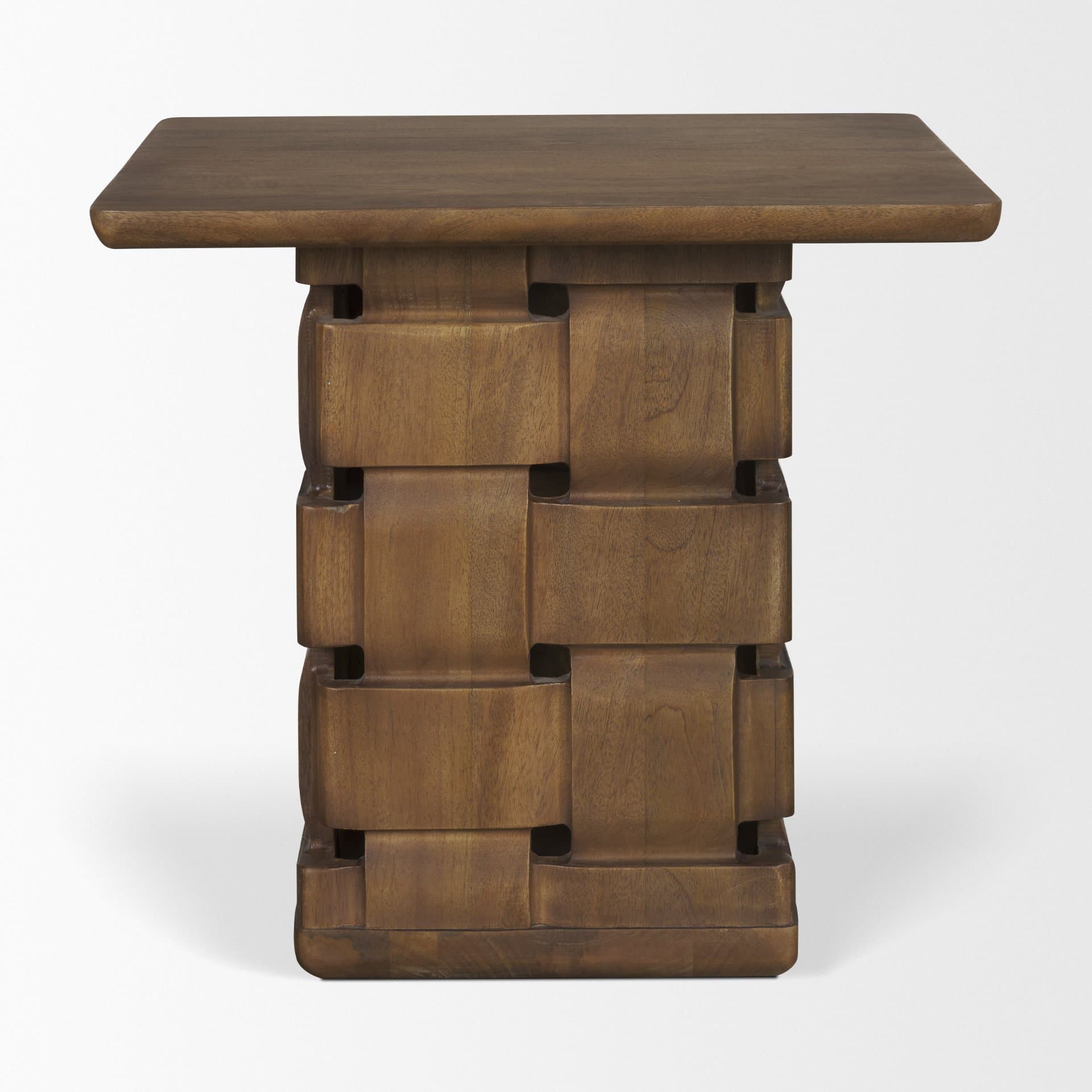 Trellyn Dark Brown Wood w/ Carved Woven Base Square Accent Table — product photograph