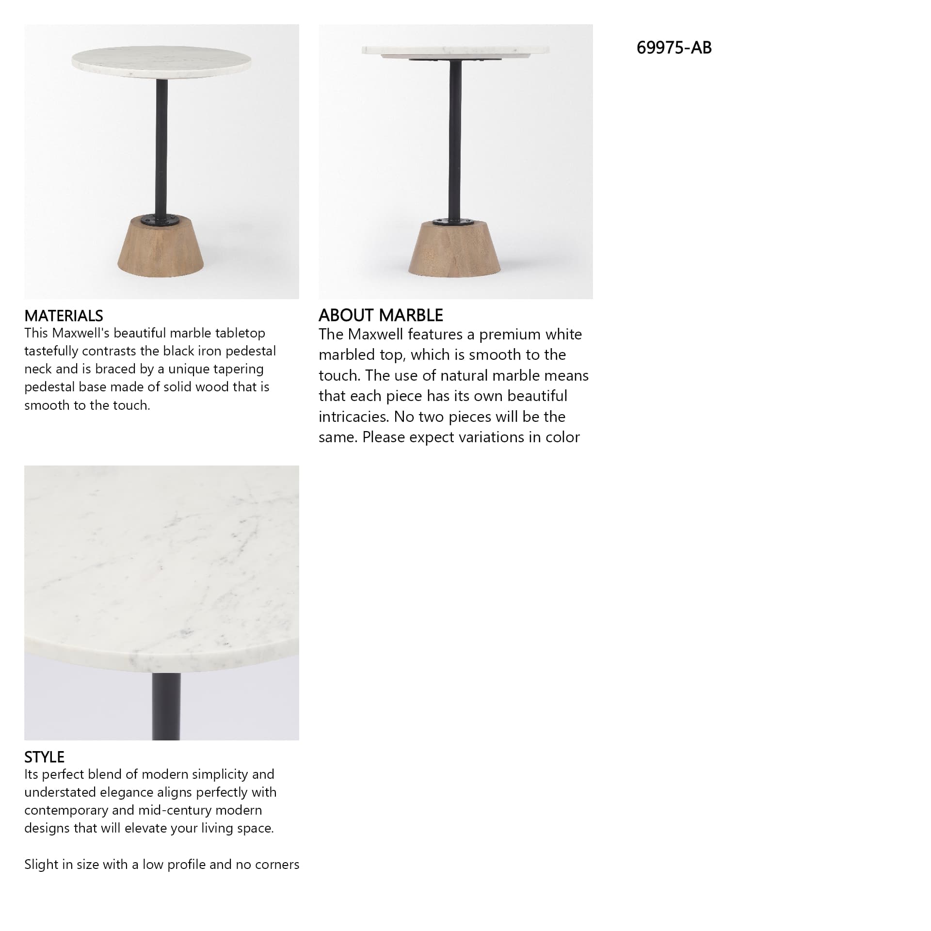 Maxwell Marble Top Pedestal End/Side Table — in a styled room
