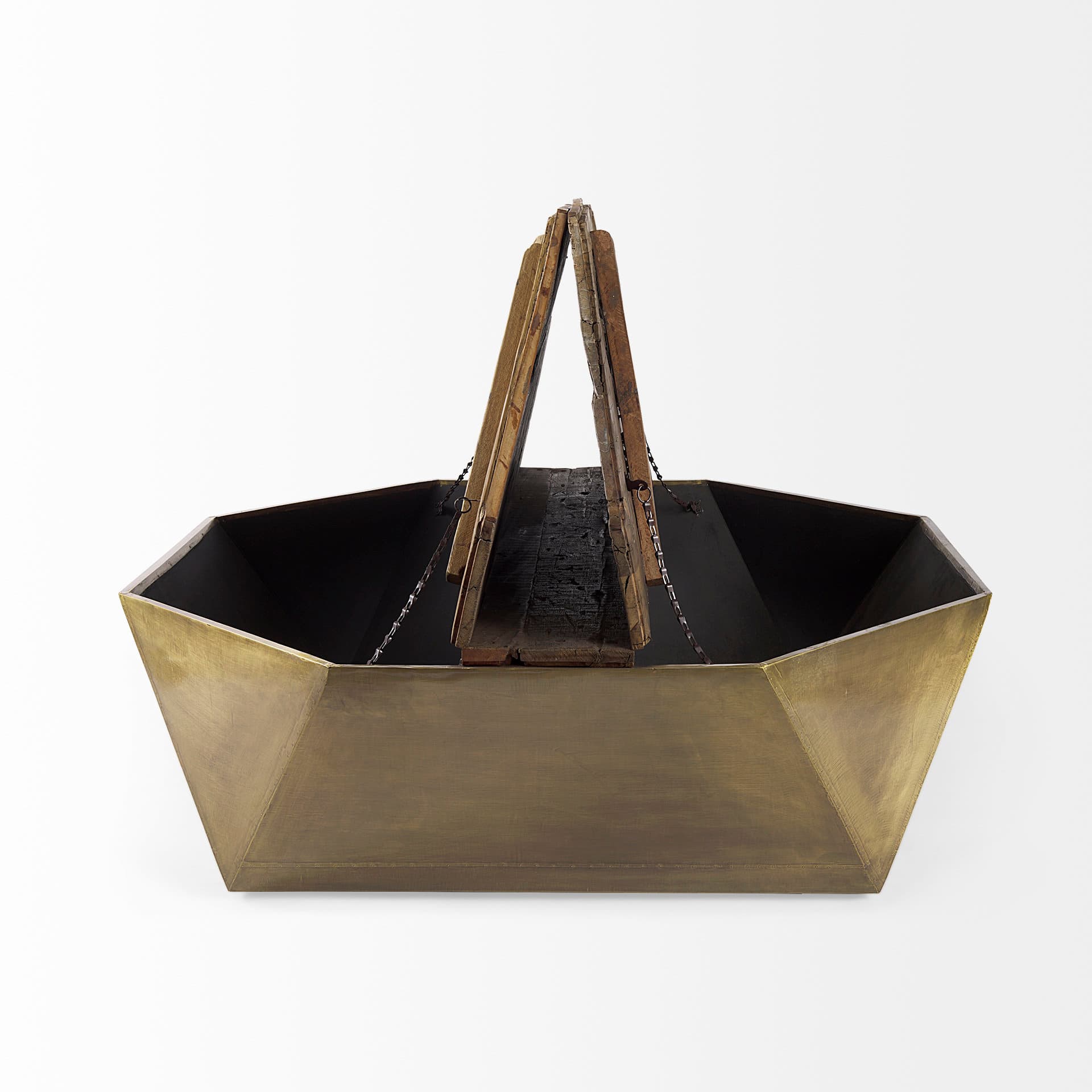 Esagono Octagonal Gold Metal-Clad Reclaimed Wood Coffee Table w/ Storage — product photograph