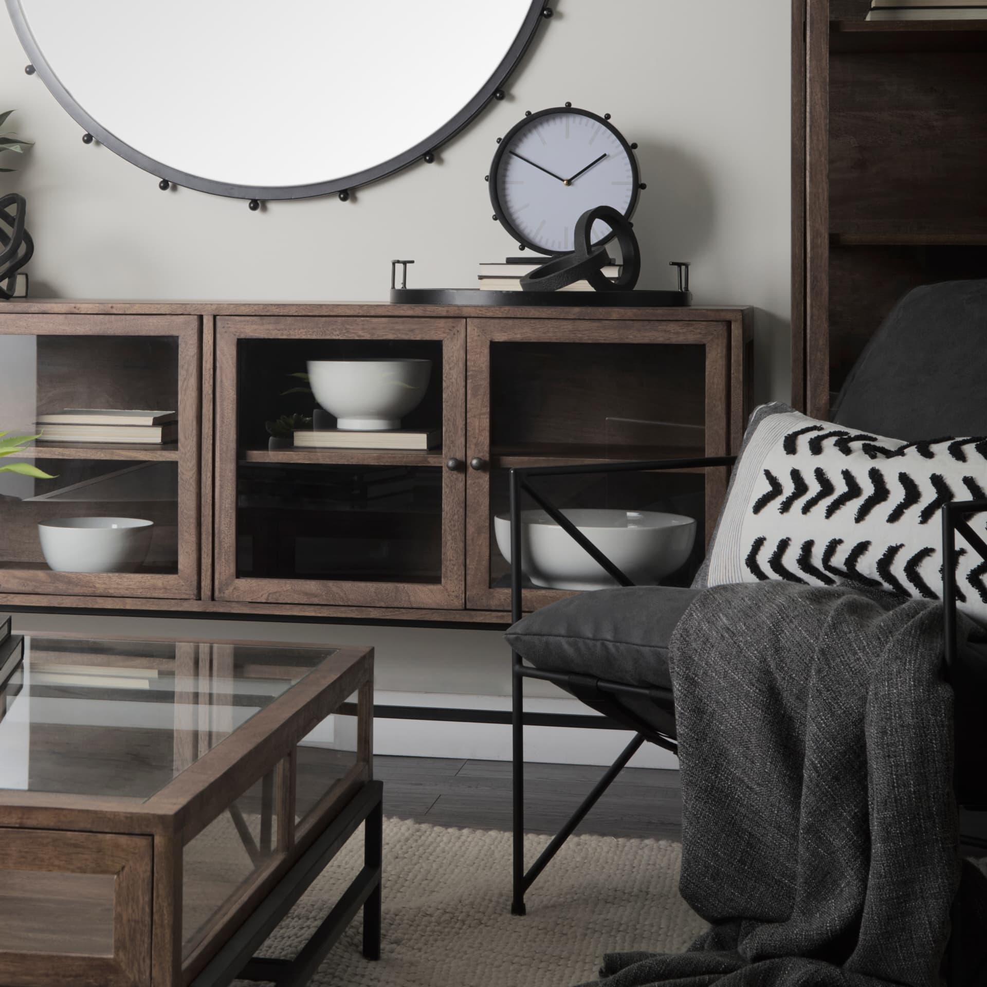 Arelius 70L x 18.75W x 32H Medium Brown, Black Metal Base w/ 4 Glass Door Cabinets Sideboard — product photograph