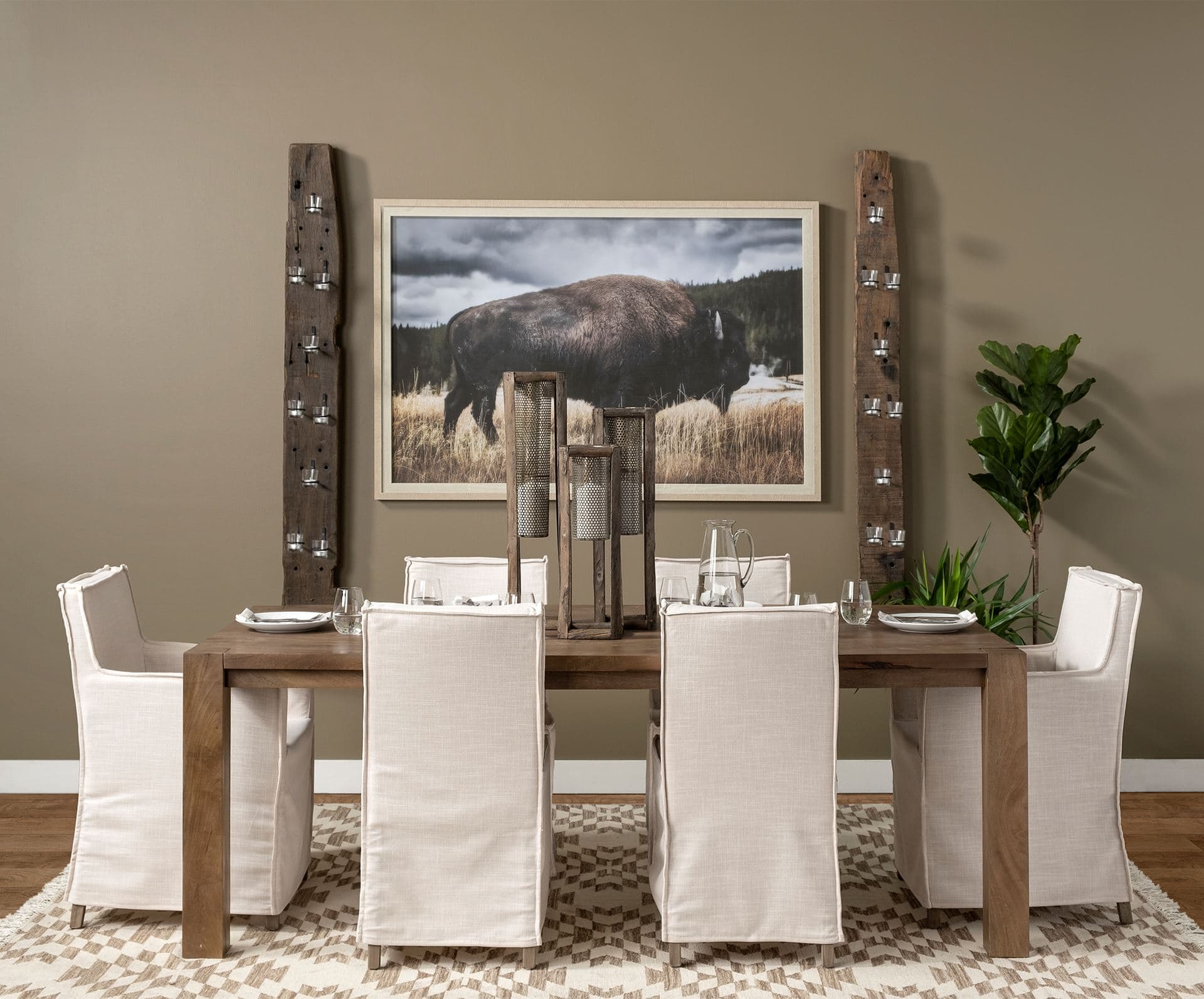 Burlington 66"H Brown Reclaimed Wood 10 Metal Ring Wall Candle Holder — in a styled room