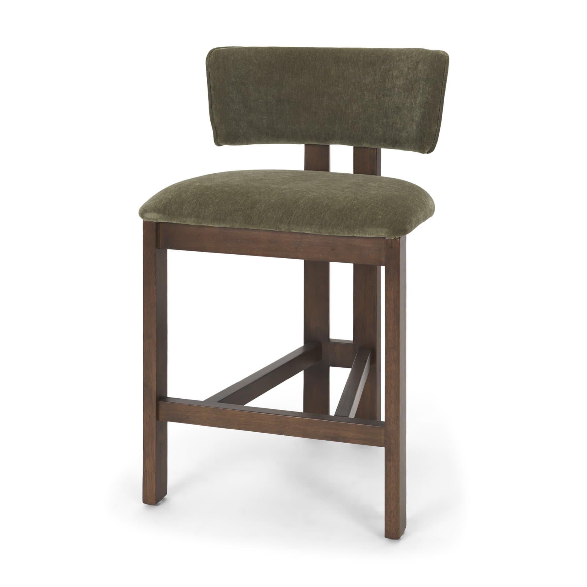 Soho Open Back 35.3in Seat Counter Stool | Olive Fabric w/ Brown Wood — product photograph