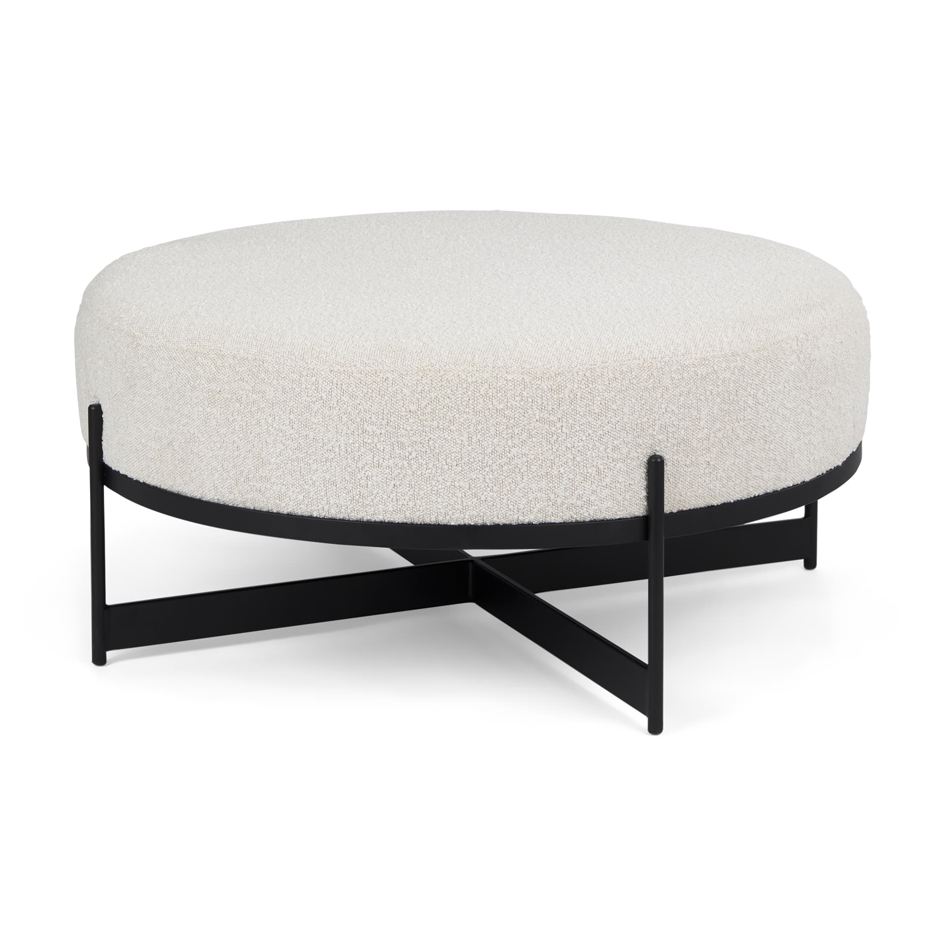 Amelia 35.8L x 35.8W x 17.5H Cream Boucle W/Black Metal Upholstered Ottoman — product photograph