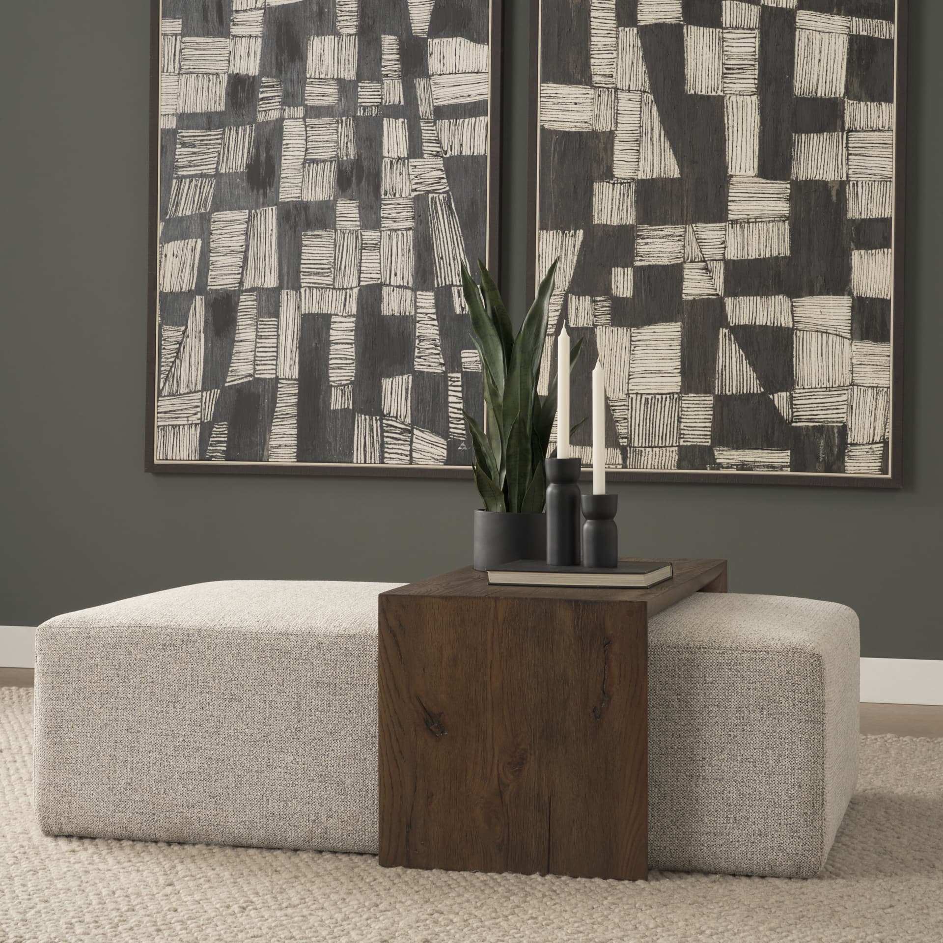 Trayden Gray Fabric w/ Brown Slider Top Coffee Table 55.0X 37.0X 46.0 (cm) — in a styled room
