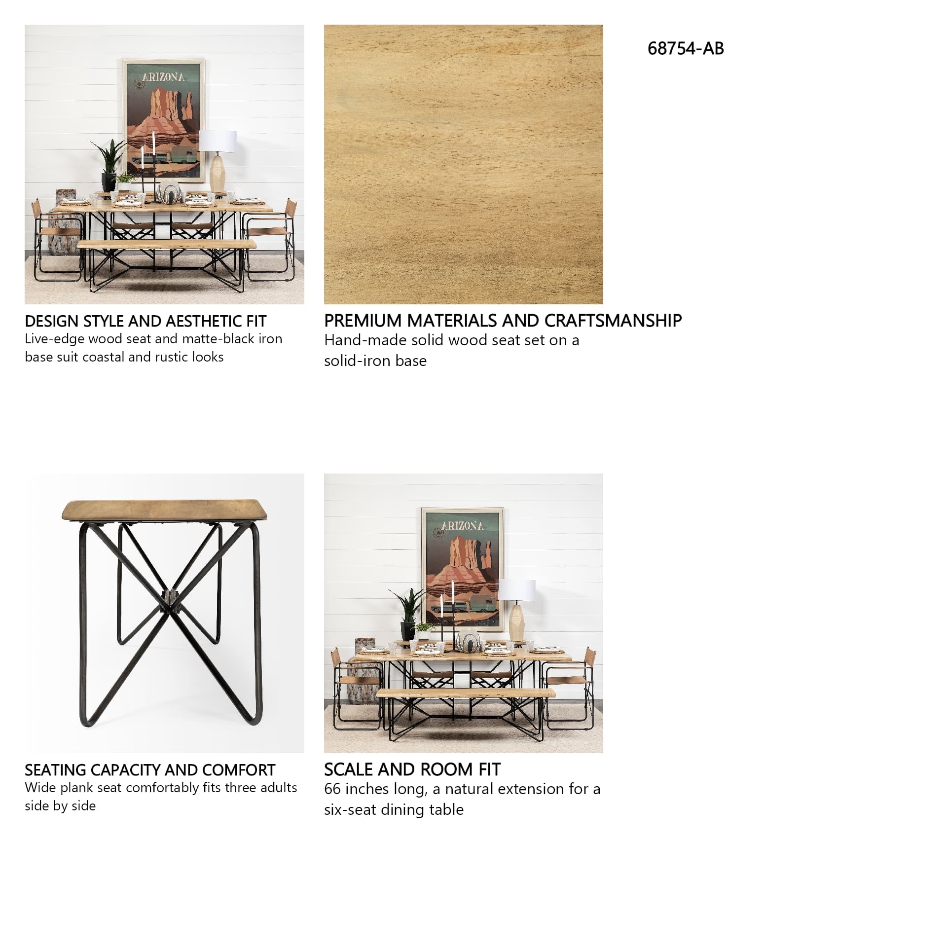 Papillion III 66L x 16W Blonde Wood And Iron Dining Bench — in a styled room