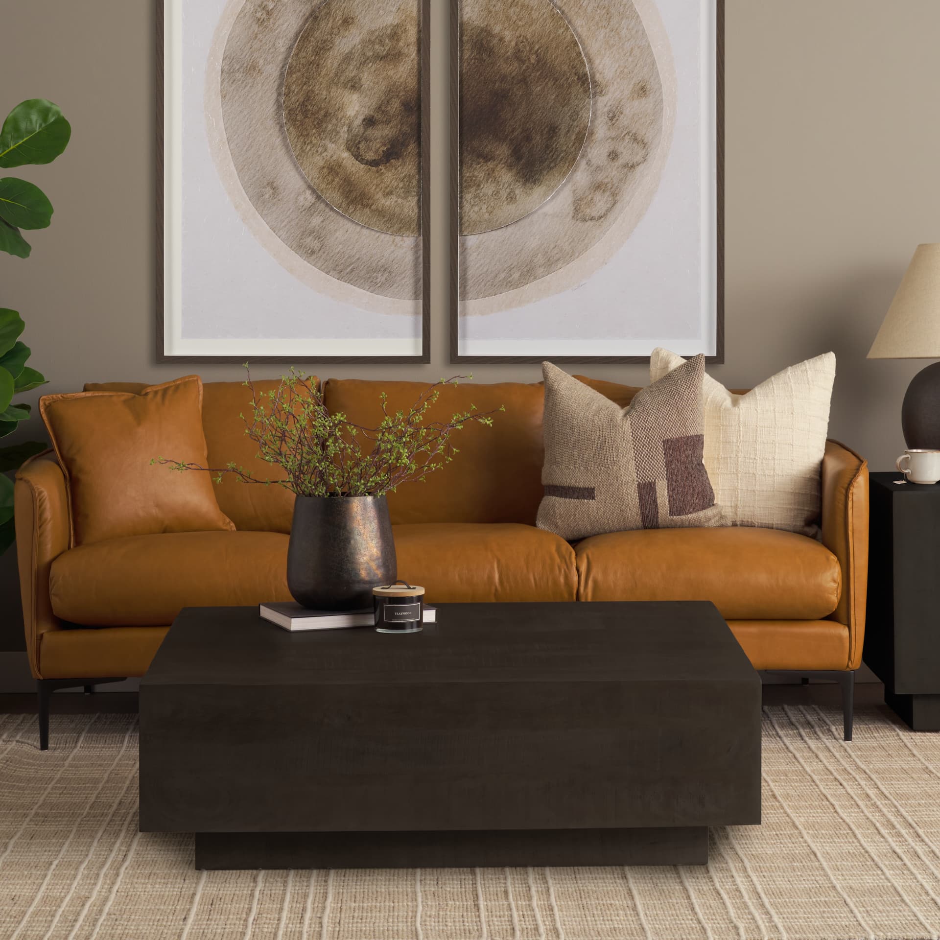 Hayden Dark Brown Wood Square Coffee Table — in a styled room