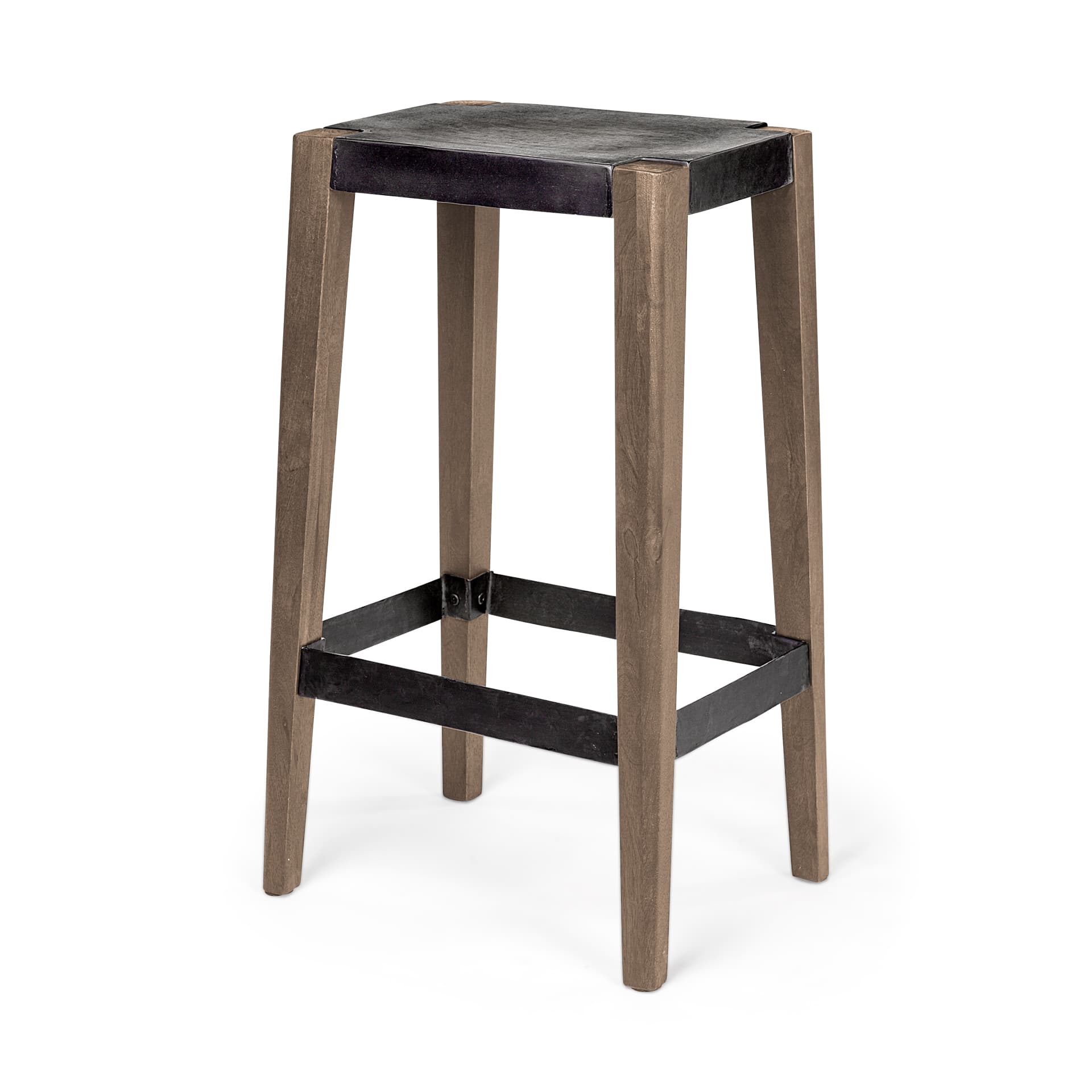 Nell Backless 30in Seat Bar Stool | Black Metal w/ Light Brown Wood — product photograph