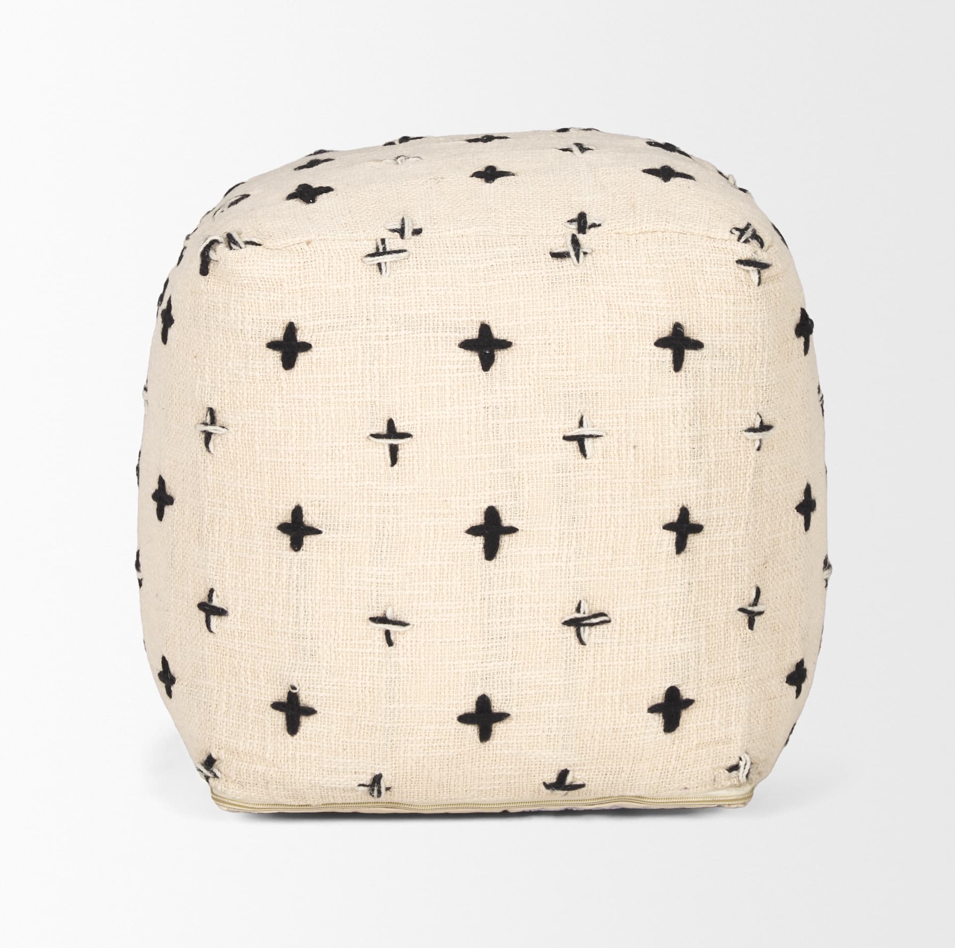 Saanvi Wool w/ Cream and Black Stitched Cross Patterned Pouf — product photograph