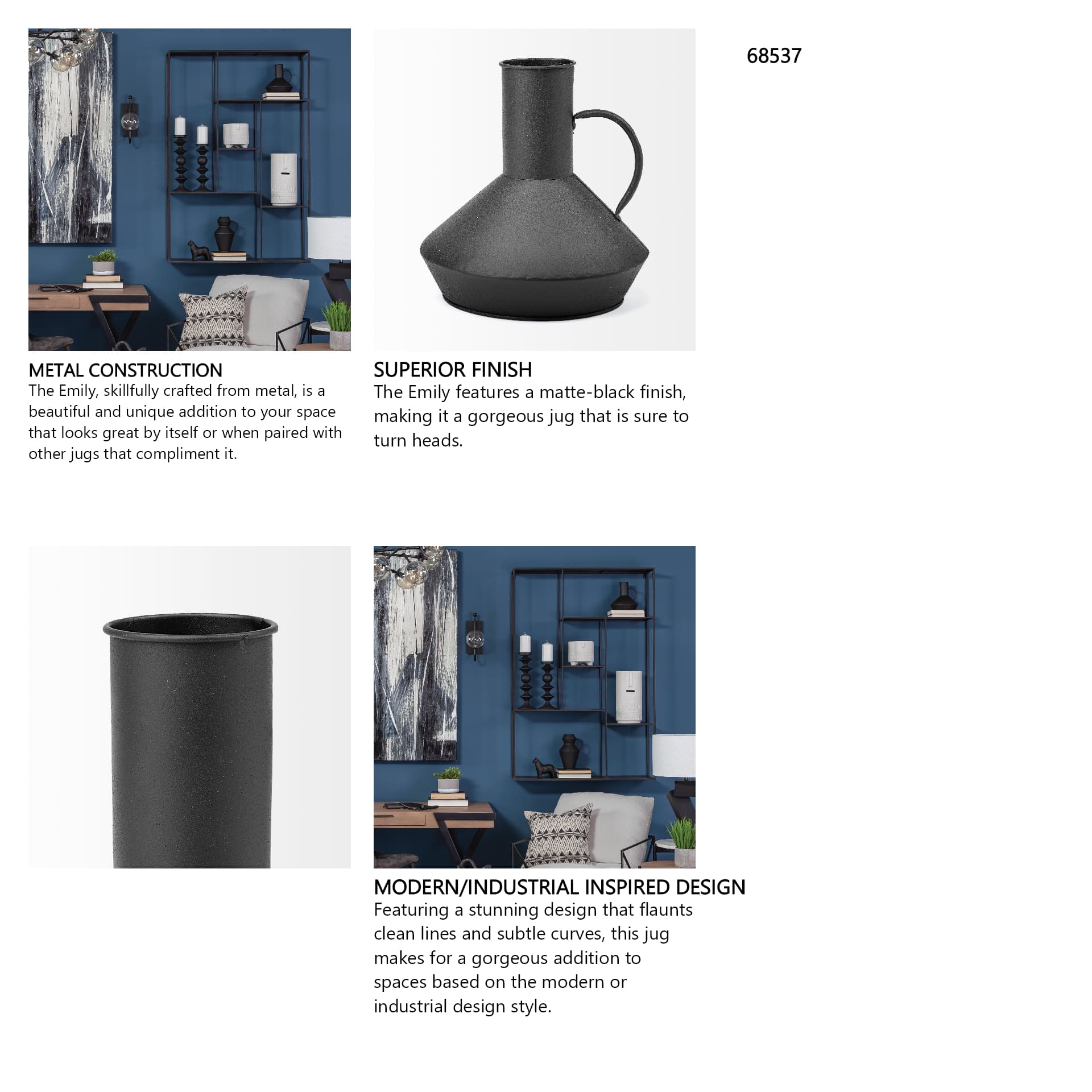 Emily I 8L x 8W Black Metal Decorative Jug — in a styled room