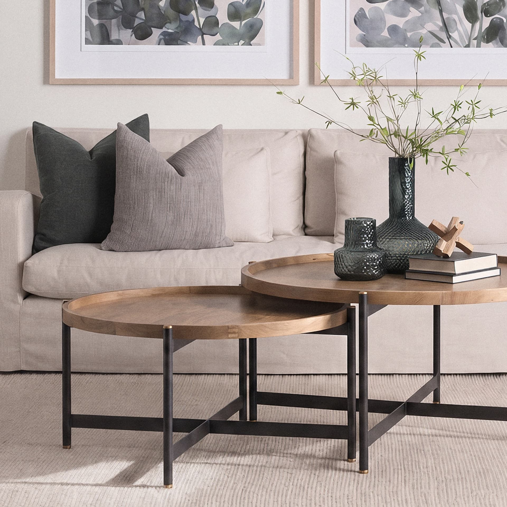 Marquisa 34.25" Round Small Brown Wood w/ Black Metal Coffee Table — product photograph