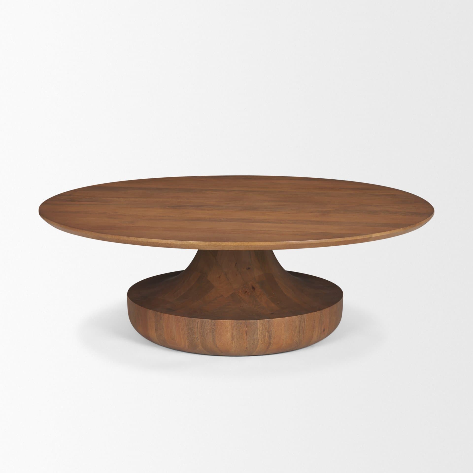 Arno Warm Mid-Brown Wood Sculptural Round Coffee Table — product photograph