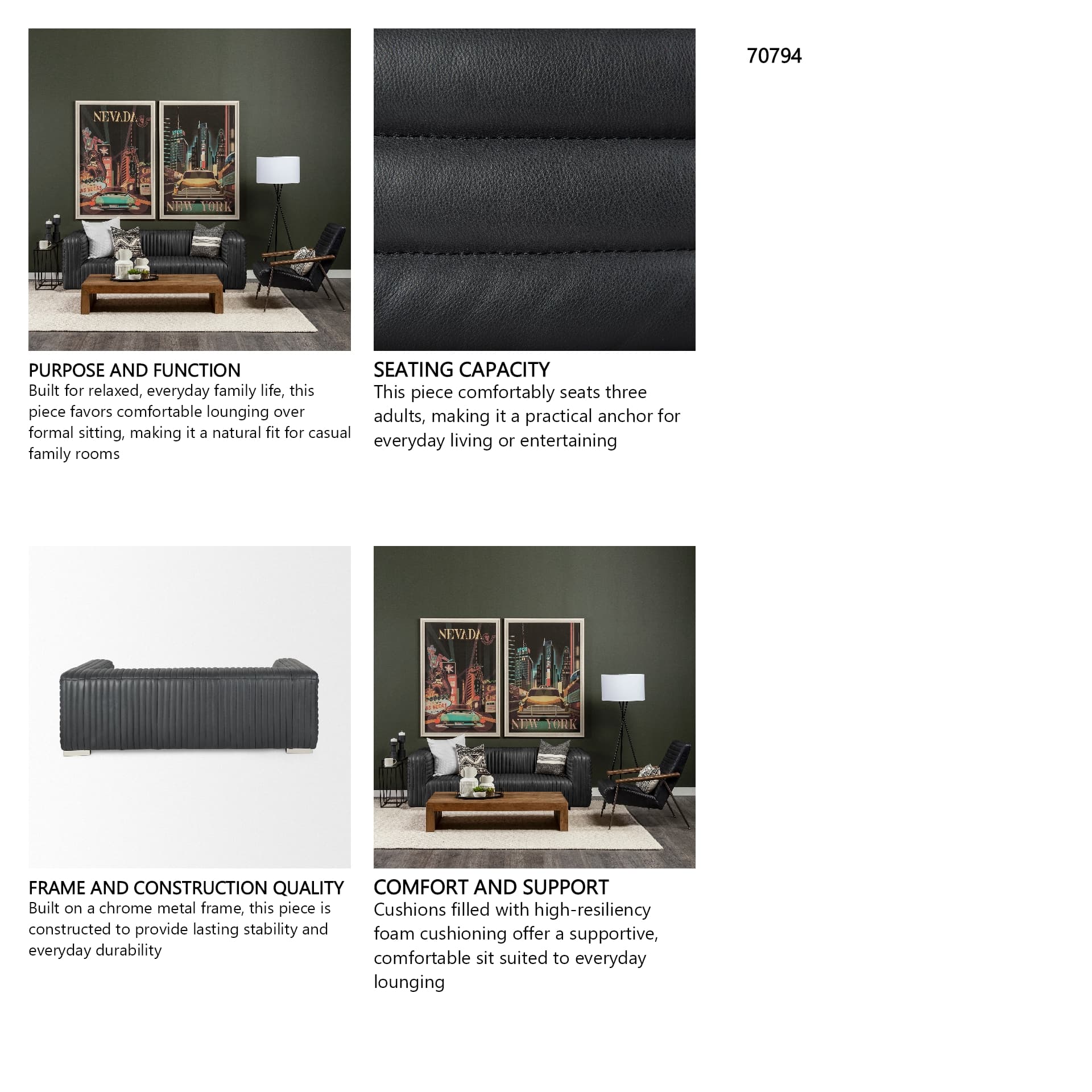 Ricciardo 82.5W Black Leather Wrapped Three Seater Sofa — in a styled room