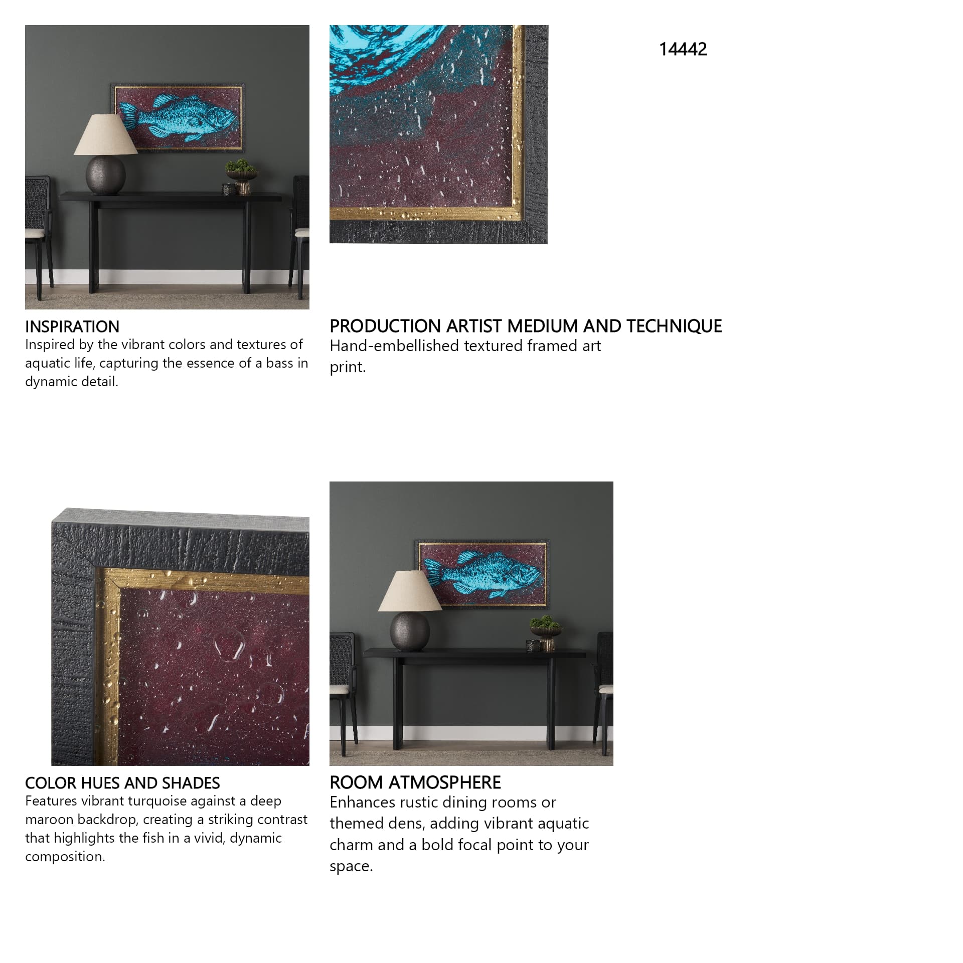 Largemouth Bass Turquoise by Mercana Studio a Hand Embellished Textured Framed Art Print — in a styled room