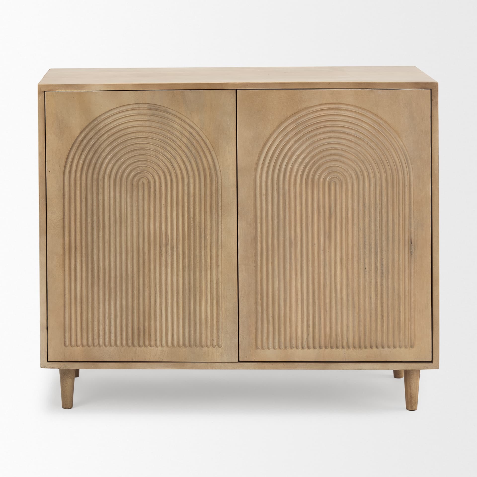 Tucker Light Brown Wood w/ Carved Arch Pattern 2 Door Accent Cabinet — product photograph