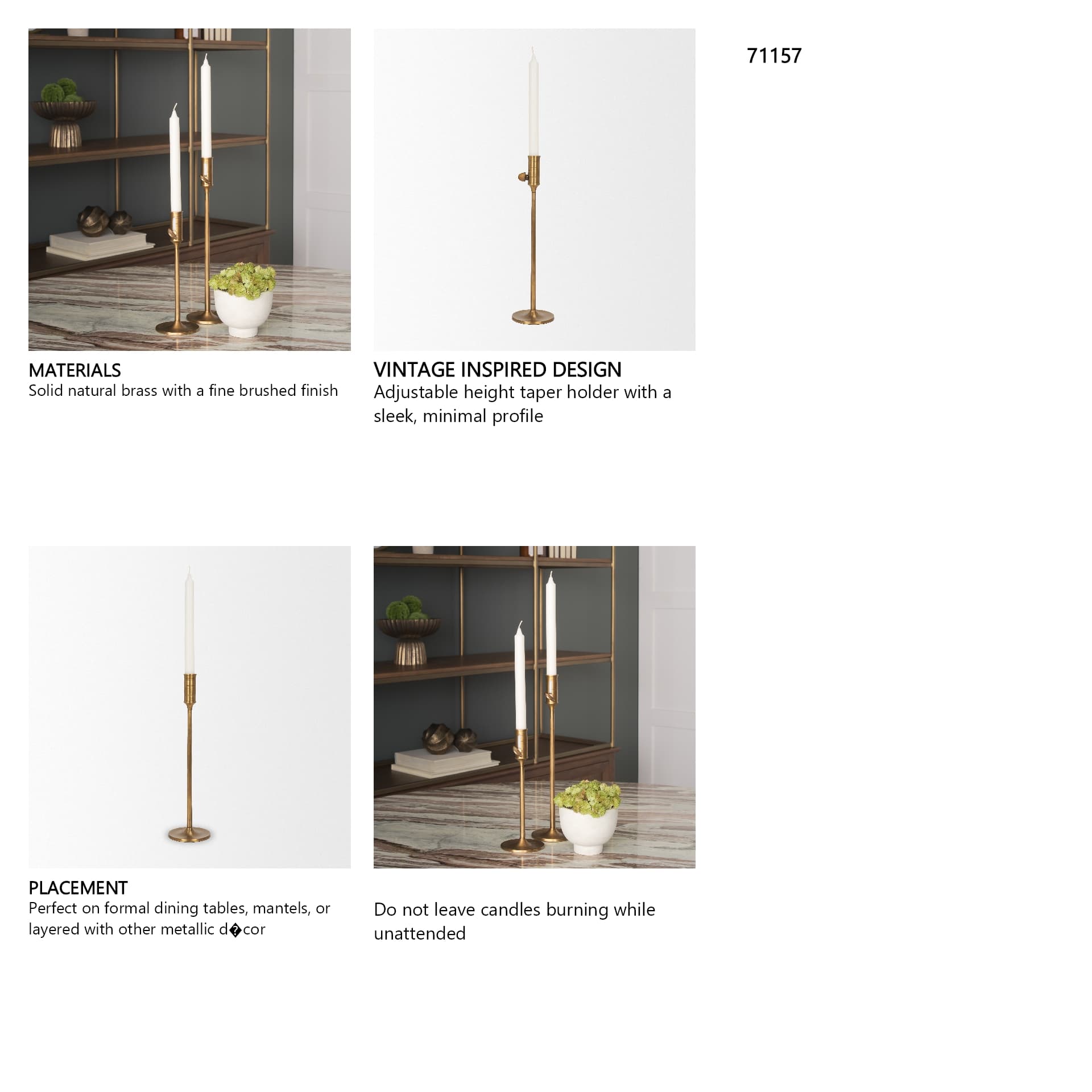 Chantria Large Solid Natural Brass Adjustable Taper Candle Holder — in a styled room