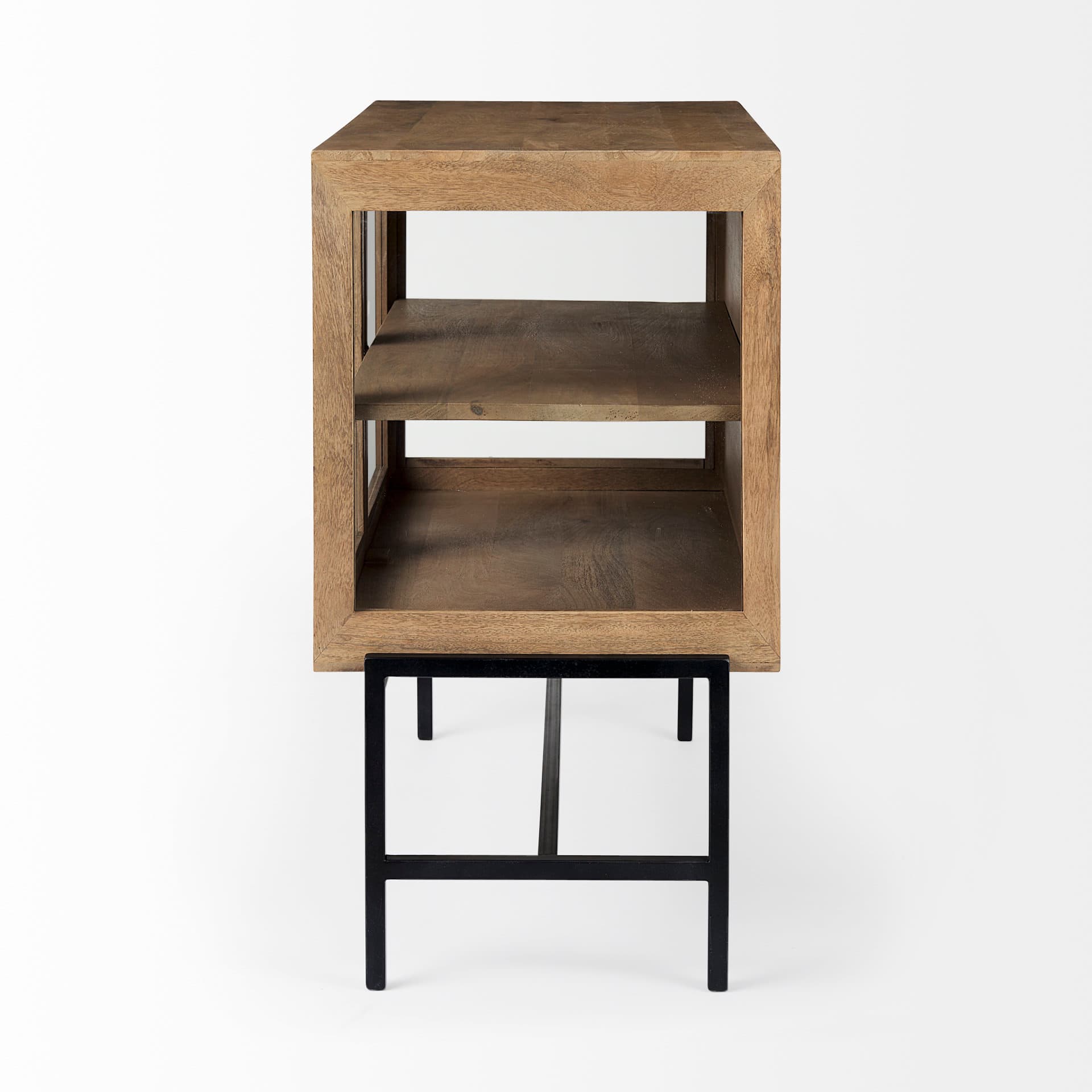 Arelius 36L x 18W x 32H Light Brown Wood, Black Metal Base w/ 2 Glass Doors Accent Cabinet — product photograph