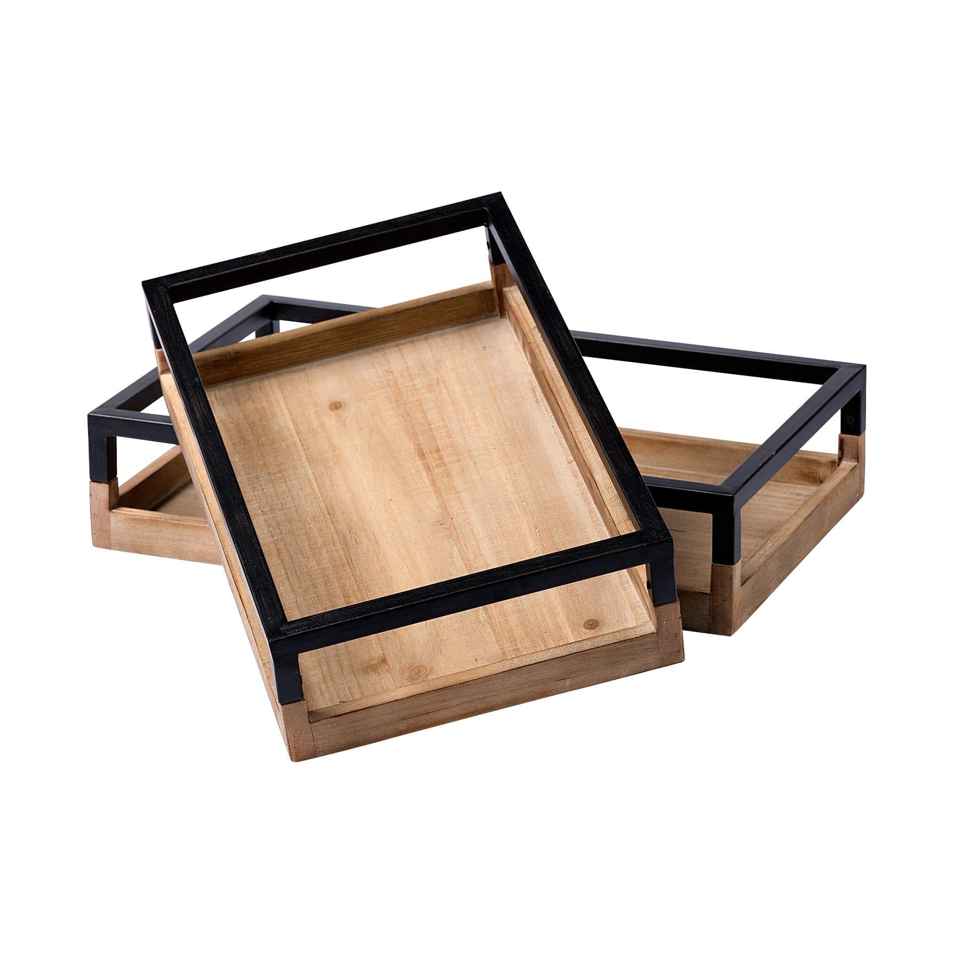 Ross Set of 2 Natural Wood W/ Black Metal Nesting Trays — product photograph